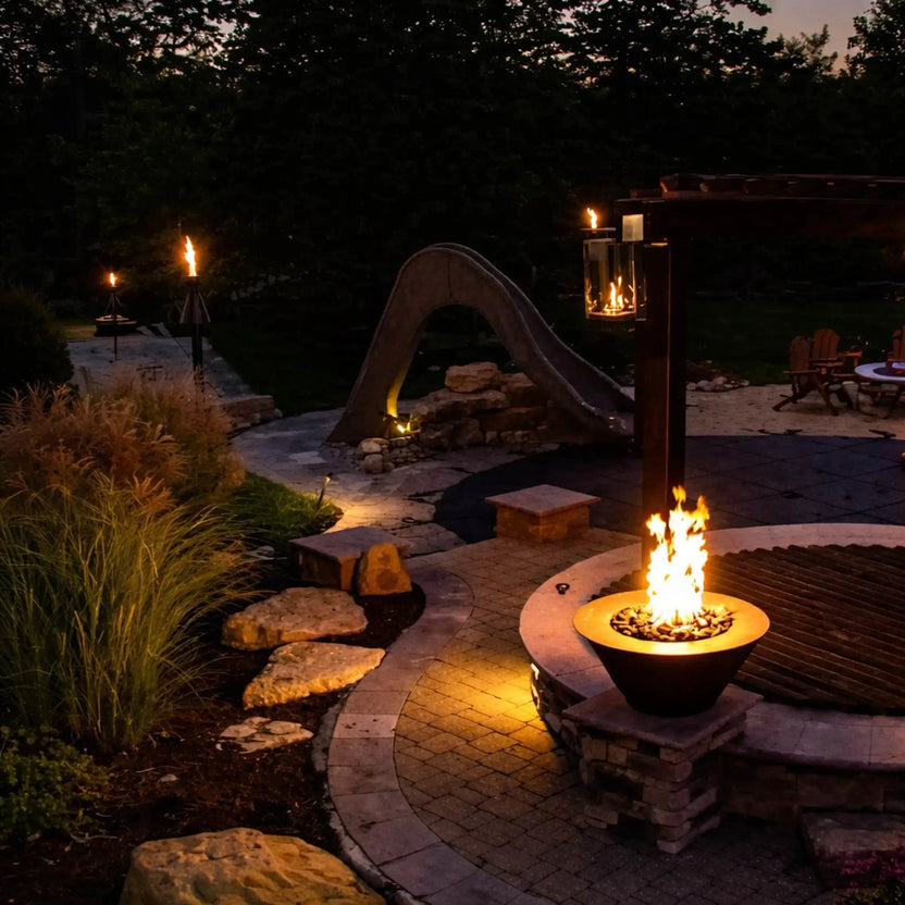 Multiple HPC TK Torch Copper Head and Post units illuminating a backyard at dusk, surrounding a fire pit and landscaped seating area, with pathway lighting and natural stone elements creating a cohesive outdoor fire feature design.