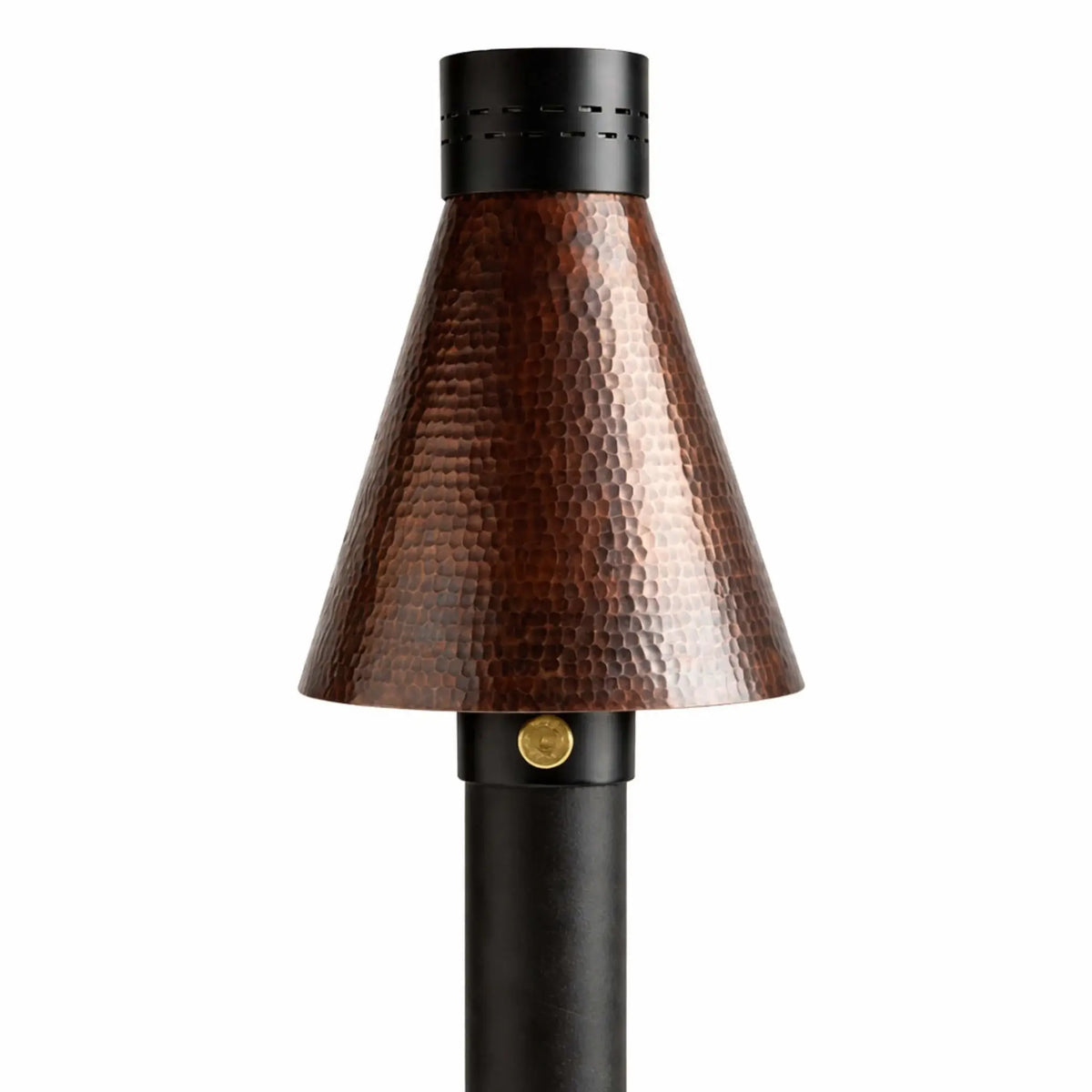 HPC TK Torch Copper Head and Post in a studio setting, showcasing a hammered copper torch head with rich texture mounted on a black post, combining rustic aesthetics with modern gas torch functionality for outdoor fire features.