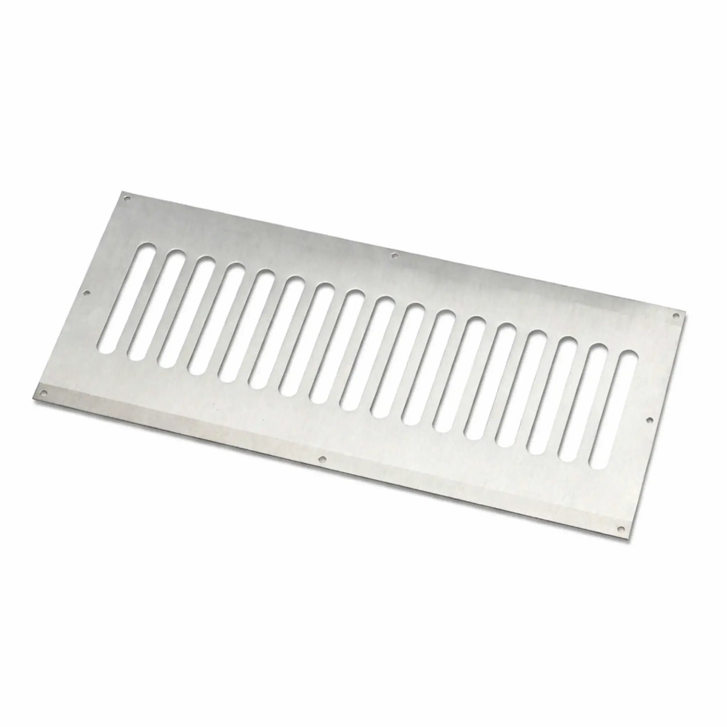 Rectangular stainless steel fire pit enclosure vent panel from HPC (Hearth Products Controls) featuring evenly spaced vertical ventilation slots and four corner mounting holes. This 304 stainless steel fire pit vent is designed for installation in gas fire pit enclosures to provide proper airflow and ventilation, helping prevent gas buildup while supporting safe operation of propane or natural gas fire pit systems.