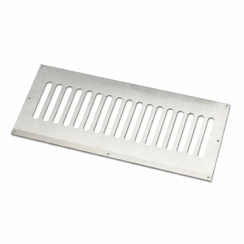 Rectangular stainless steel fire pit enclosure vent panel from HPC (Hearth Products Controls) featuring evenly spaced vertical ventilation slots and four corner mounting holes. This 304 stainless steel fire pit vent is designed for installation in gas fire pit enclosures to provide proper airflow and ventilation, helping prevent gas buildup while supporting safe operation of propane or natural gas fire pit systems.
