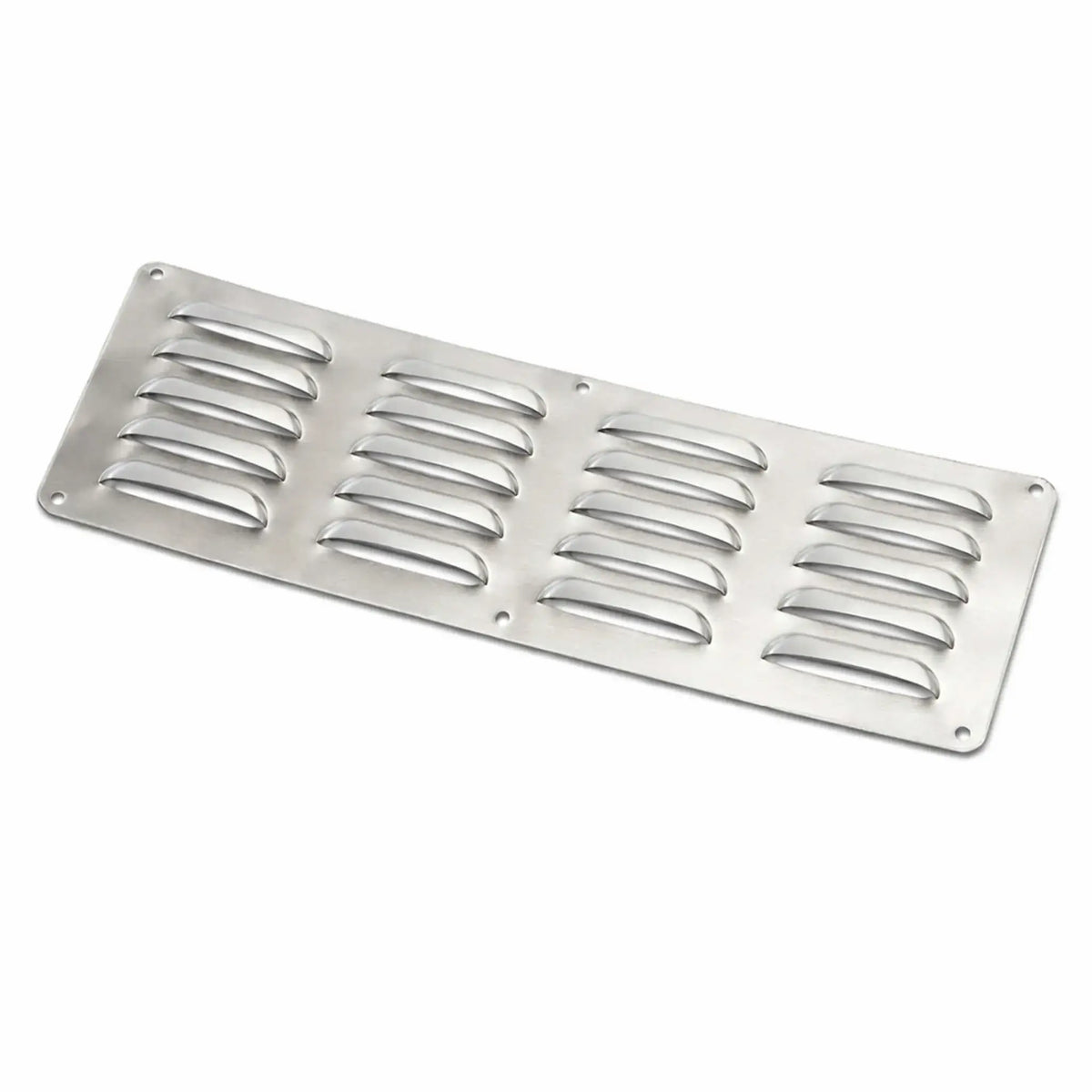 Louvered stainless steel fire pit enclosure vent from Hearth Products Controls, designed with angled vent louvers that allow airflow while helping block debris and moisture. This rectangular 304 stainless steel fire pit vent is commonly installed in outdoor gas fire pit enclosures to improve ventilation, release heat, and prevent gas accumulation inside fire pit structures.