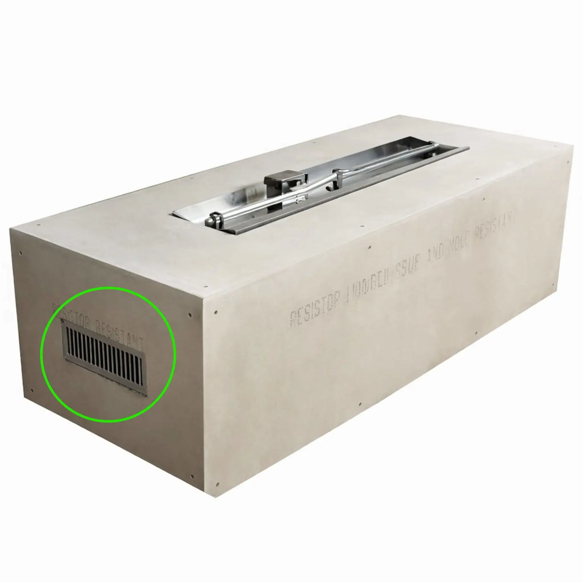 Rectangular outdoor fire pit enclosure with a linear burner installed in a recessed stainless steel pan. A stainless steel ventilation grille is mounted on the side of the enclosure to provide airflow and gas ventilation. These HPC fire pit enclosure vents help release heat and prevent gas accumulation inside fire pit structures.