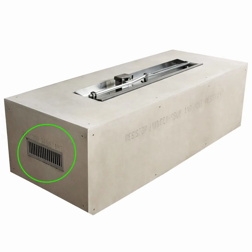 Rectangular outdoor fire pit enclosure with a linear burner installed in a recessed stainless steel pan. A stainless steel ventilation grille is mounted on the side of the enclosure to provide airflow and gas ventilation. These HPC fire pit enclosure vents help release heat and prevent gas accumulation inside fire pit structures.