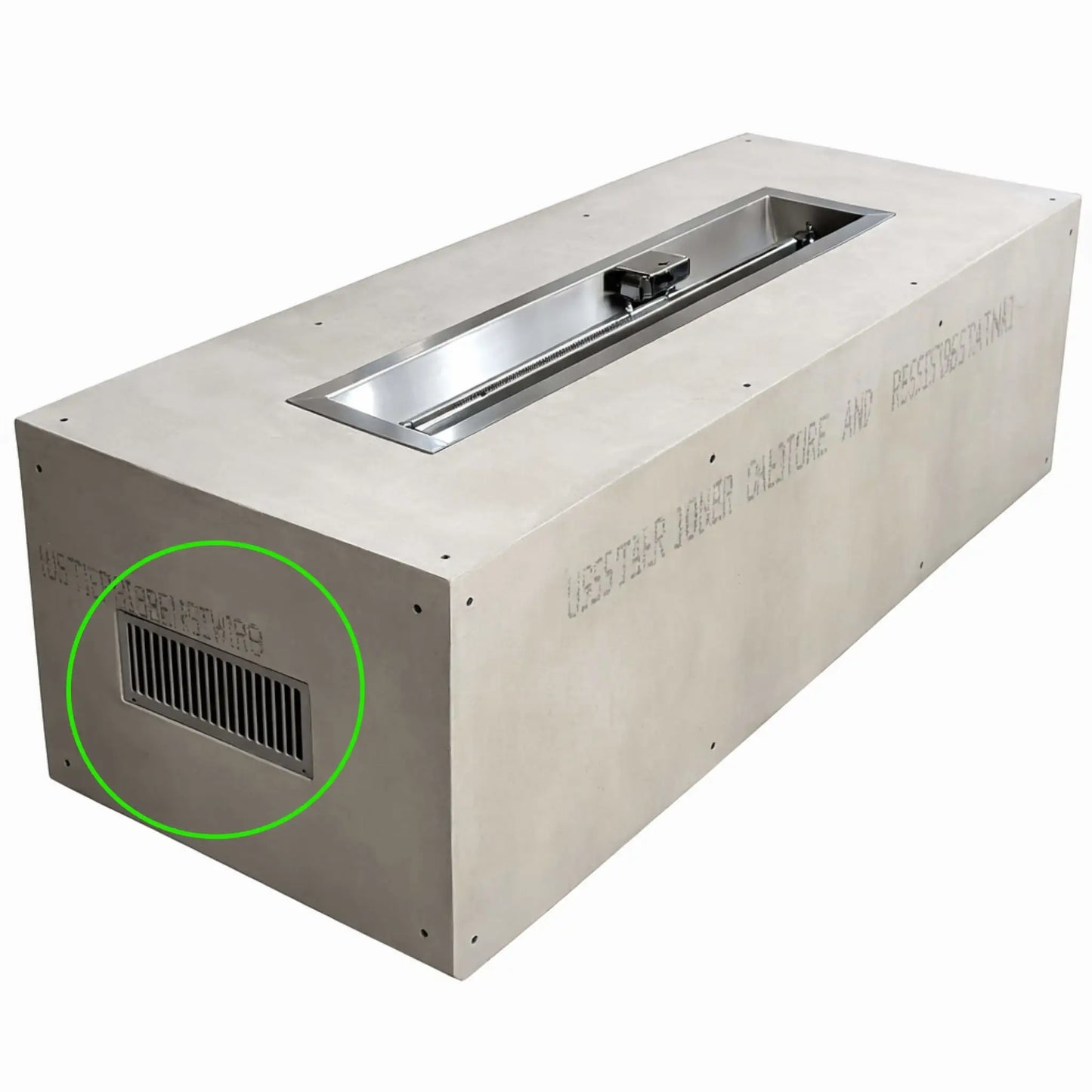 Modern rectangular fire pit enclosure featuring a stainless steel linear burner system installed in a recessed burner pan. A built-in stainless steel ventilation grille on the enclosure wall allows air circulation and gas ventilation. Fire pit enclosure vents like this help maintain proper airflow and improve safety in gas fire pit installations.