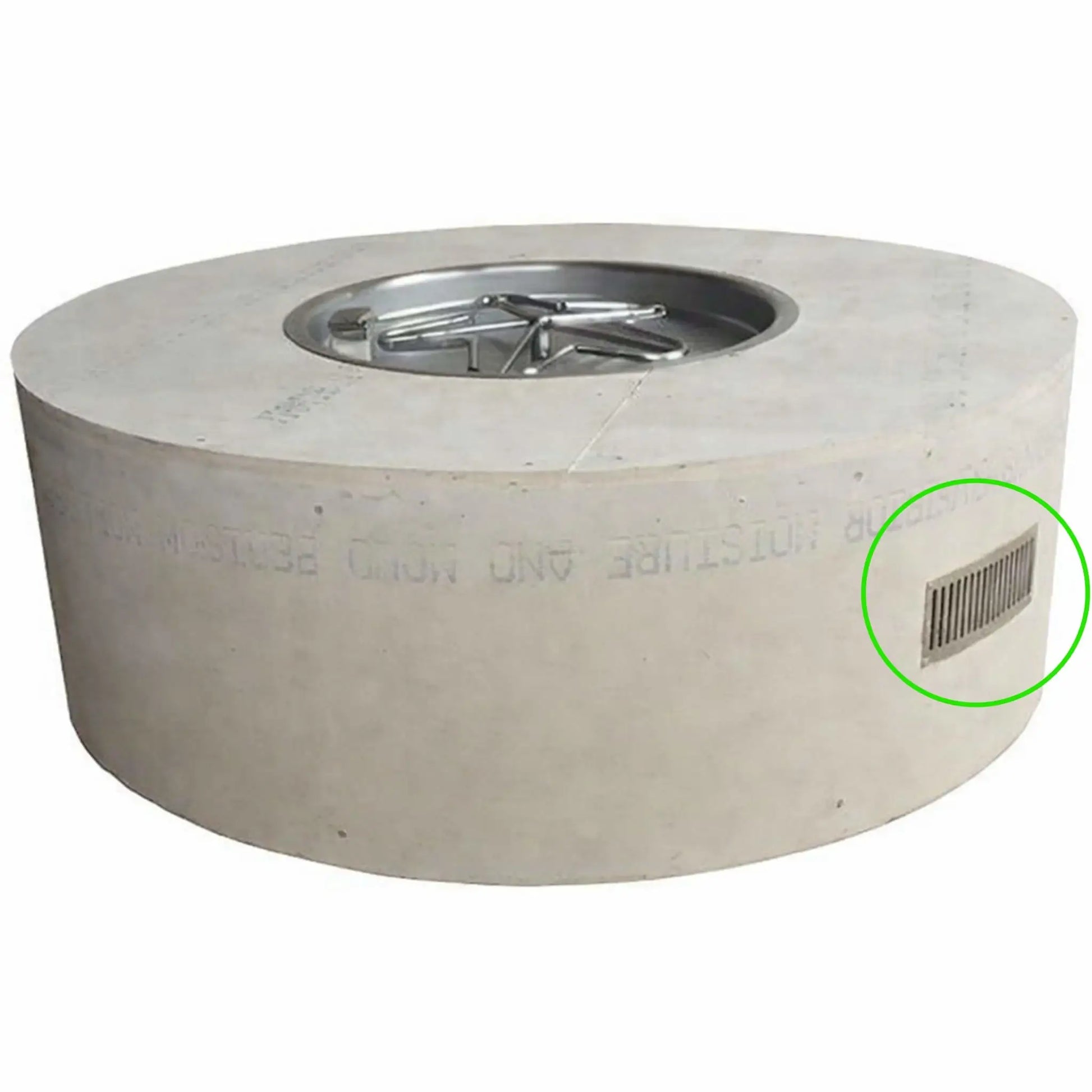 Round concrete fire pit enclosure with a recessed circular burner pan and star-shaped burner assembly. A stainless steel ventilation grille is installed on the side of the fire pit base to provide airflow and ventilation for the gas system, helping safely release heat and any unburned gas from inside the enclosure.