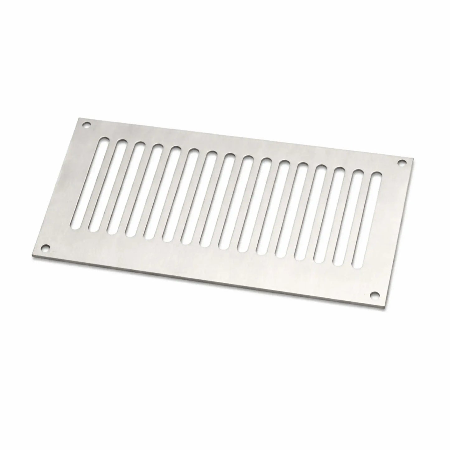 Stainless steel fire pit enclosure vent panel with elongated ventilation slots and four mounting holes. This rectangular HPC fire pit vent is designed to be installed in fire pit enclosures to allow proper airflow and gas ventilation for propane or natural gas fire pits, helping prevent gas buildup inside the fire pit structure.