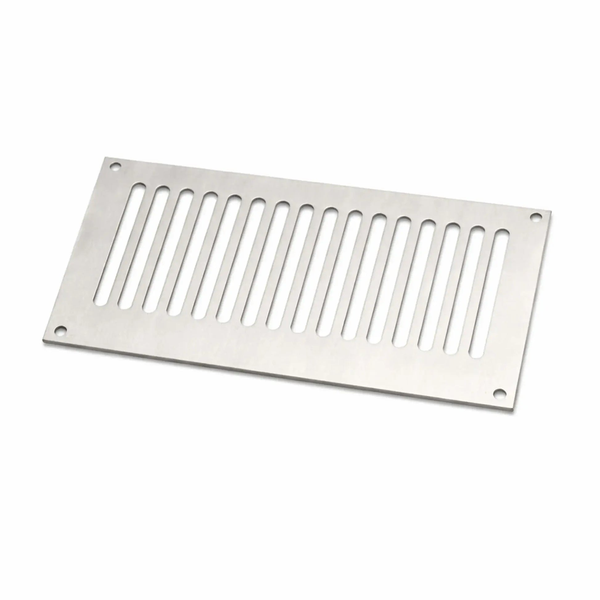 Stainless steel fire pit enclosure vent panel with elongated ventilation slots and four mounting holes. This rectangular HPC fire pit vent is designed to be installed in fire pit enclosures to allow proper airflow and gas ventilation for propane or natural gas fire pits, helping prevent gas buildup inside the fire pit structure.