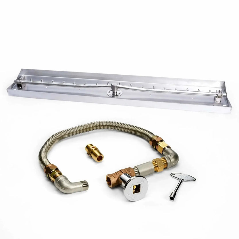 Hearth Products Controls HPC Fire linear interlink drop in pan with T burner torpedo high capacity match lit ignition kit displayed on a clean white background. Includes stainless steel rectangular burner pan, precision drilled burner tube, flexible gas line, brass fittings, shutoff valve, and ignition key; showcasing complete fire pit installation components.