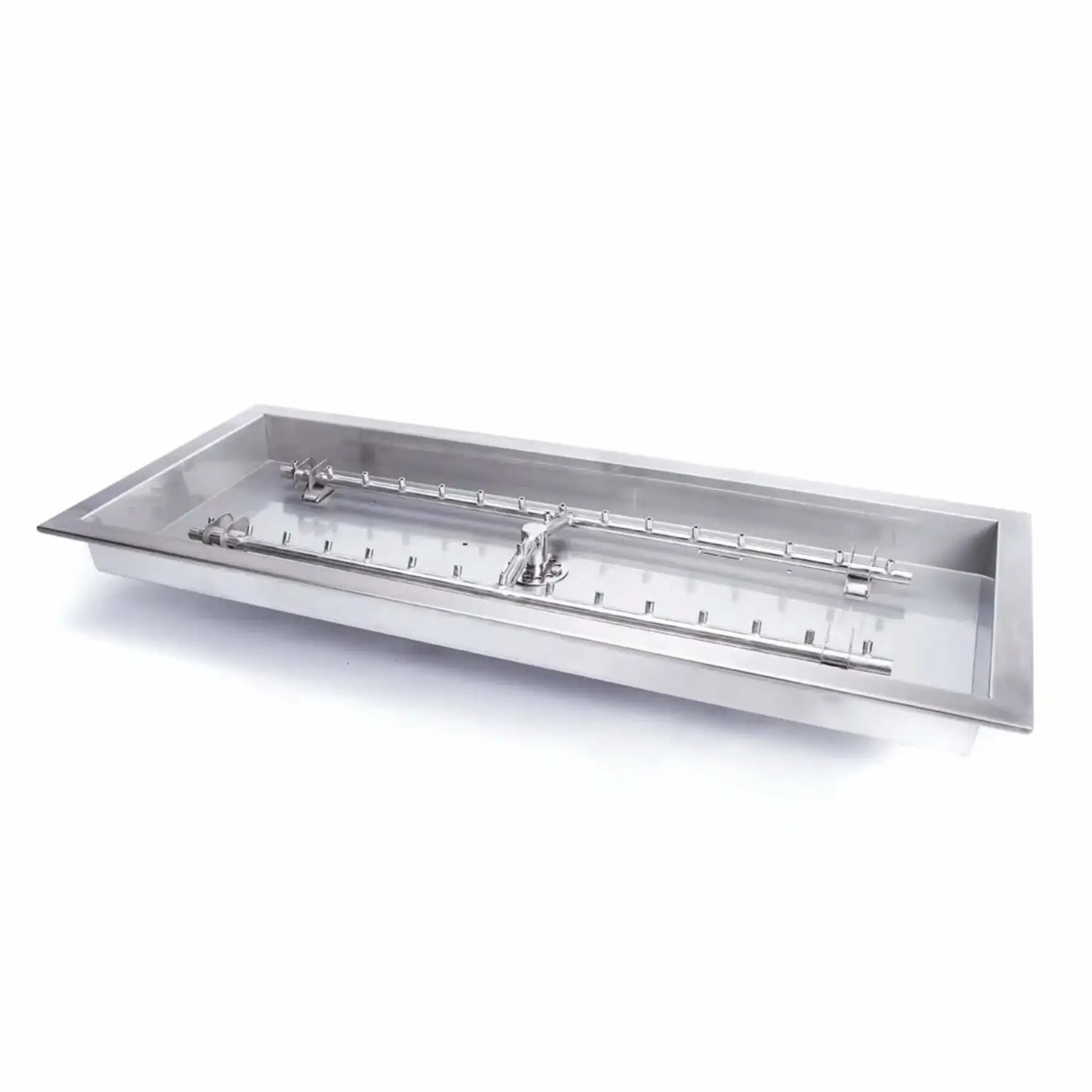 Rectangular stainless steel drop-in fire pit pan with integrated H burner and torpedo-style gas inlet, featuring evenly spaced burner ports for consistent flame distribution. Designed for custom outdoor fire pit installations, this durable pan supports fire glass or lava rock and delivers efficient gas flow for clean-burning flames.