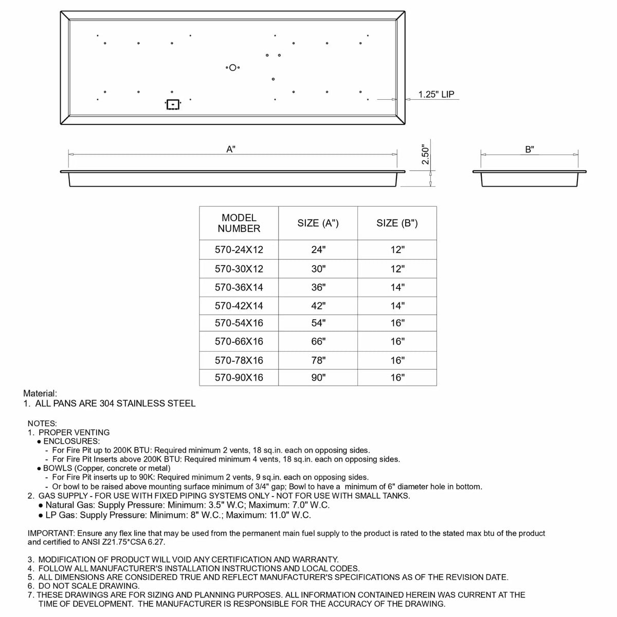 Technical specification diagram of a rectangular drop-in fire pit pan showing dimensions, lip detail, and sizing chart for various models. Includes notes on stainless steel construction, gas supply requirements, and installation guidelines for proper venting and safe operation.