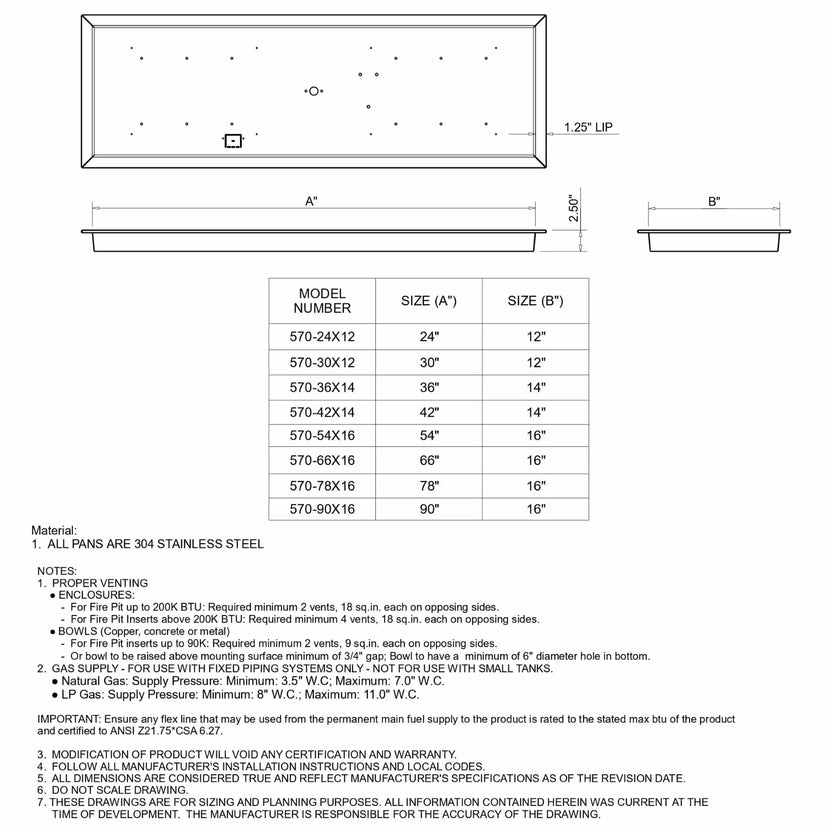 Technical specification diagram of a rectangular drop-in fire pit pan showing dimensions, lip detail, and sizing chart for various models. Includes notes on stainless steel construction, gas supply requirements, and installation guidelines for proper venting and safe operation.
