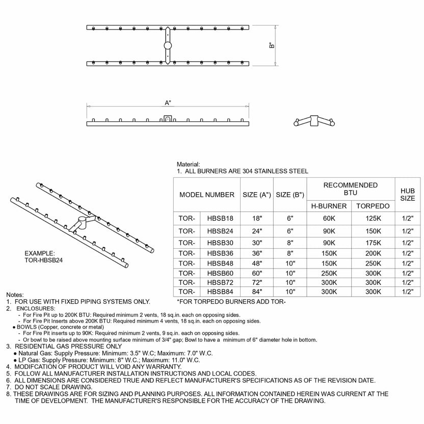 Detailed engineering diagram of an H-style torpedo fire pit burner, including measurements, model sizes, BTU ratings, and gas connection specifications. The sheet outlines stainless steel construction and provides installation notes for safe use in fire pit enclosures.