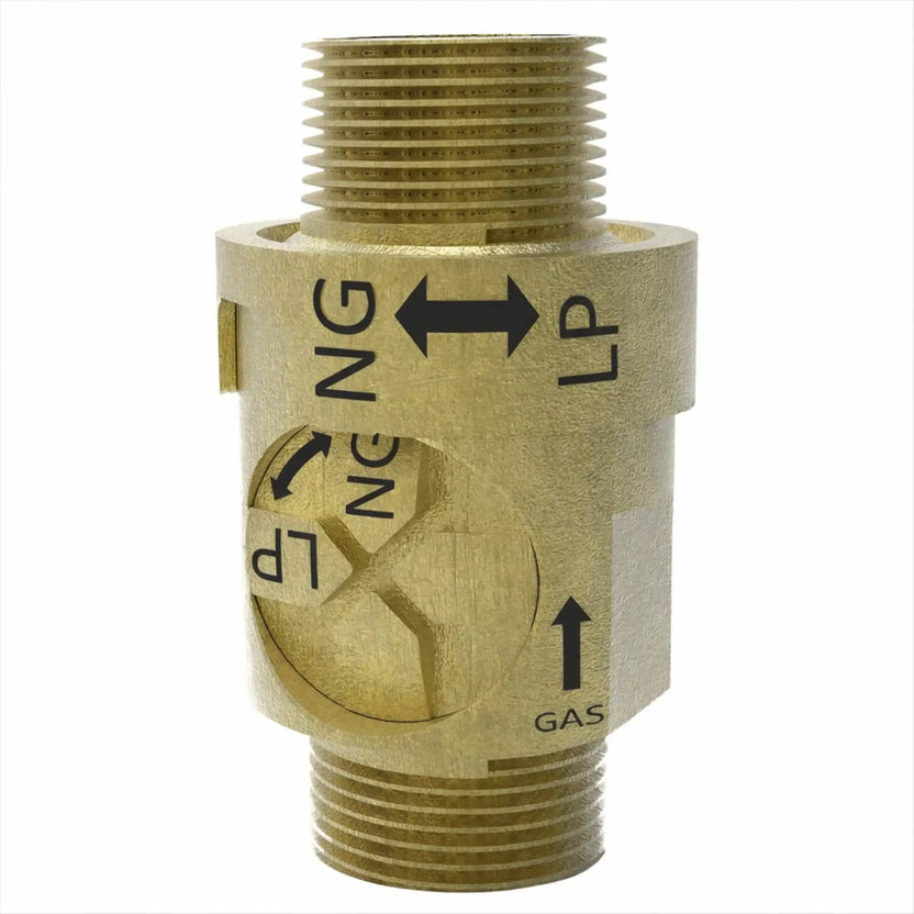 Close-up of a brass universal gas orifice fitting with clearly labeled NG and LP directions, designed for controlling gas flow in fire pit burners. The precision-machined component features threaded connections for easy installation and conversion between natural gas and propane systems.