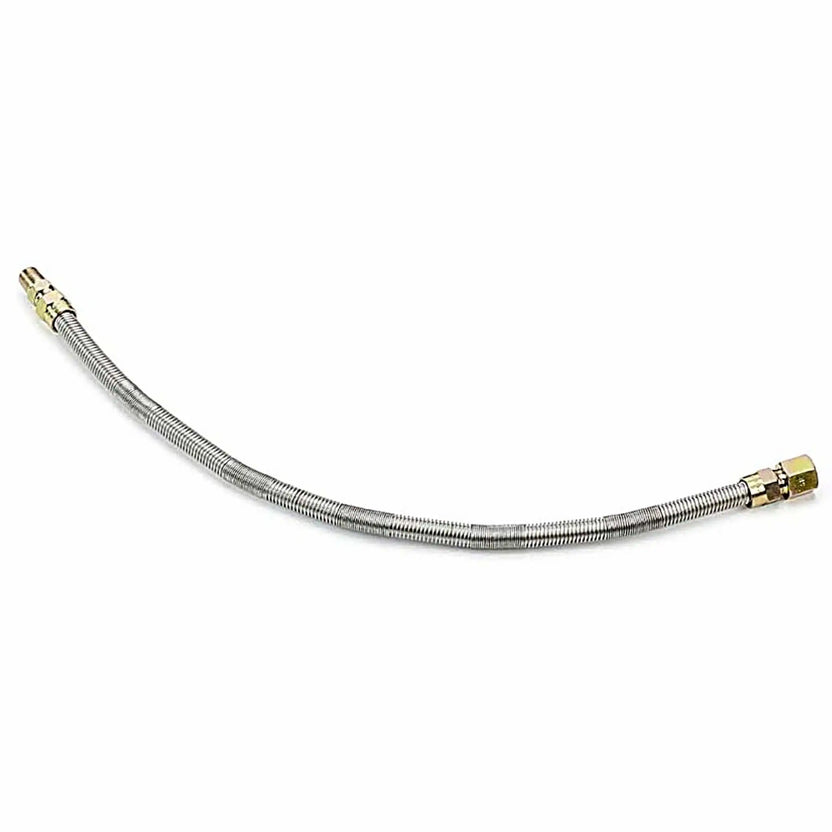 Product image of an HPC Fire Whistle Free Flex Line gas connector displayed on a clean white background. The stainless steel corrugated gas hose features brass fittings on each end and is designed for standard, high, and ultra-high capacity fire pit systems. This flexible gas connector is engineered to reduce gas flow noise while allowing safe, durable connections between gas valves, burners, and fuel supply lines in outdoor fire features.