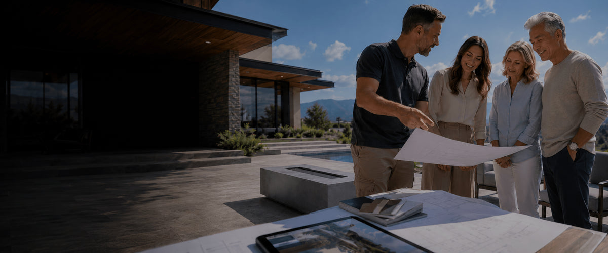 Flame Havens installer talking to clients beside a modern outdoor living space, reviewing plans and material samples for a custom fire pit project. The installer and three homeowners stand near a contemporary rectangular concrete fire pit, with architectural drawings spread across the table. A black overlay darkens the left side for website text placement while keeping the client consultation scene visible.