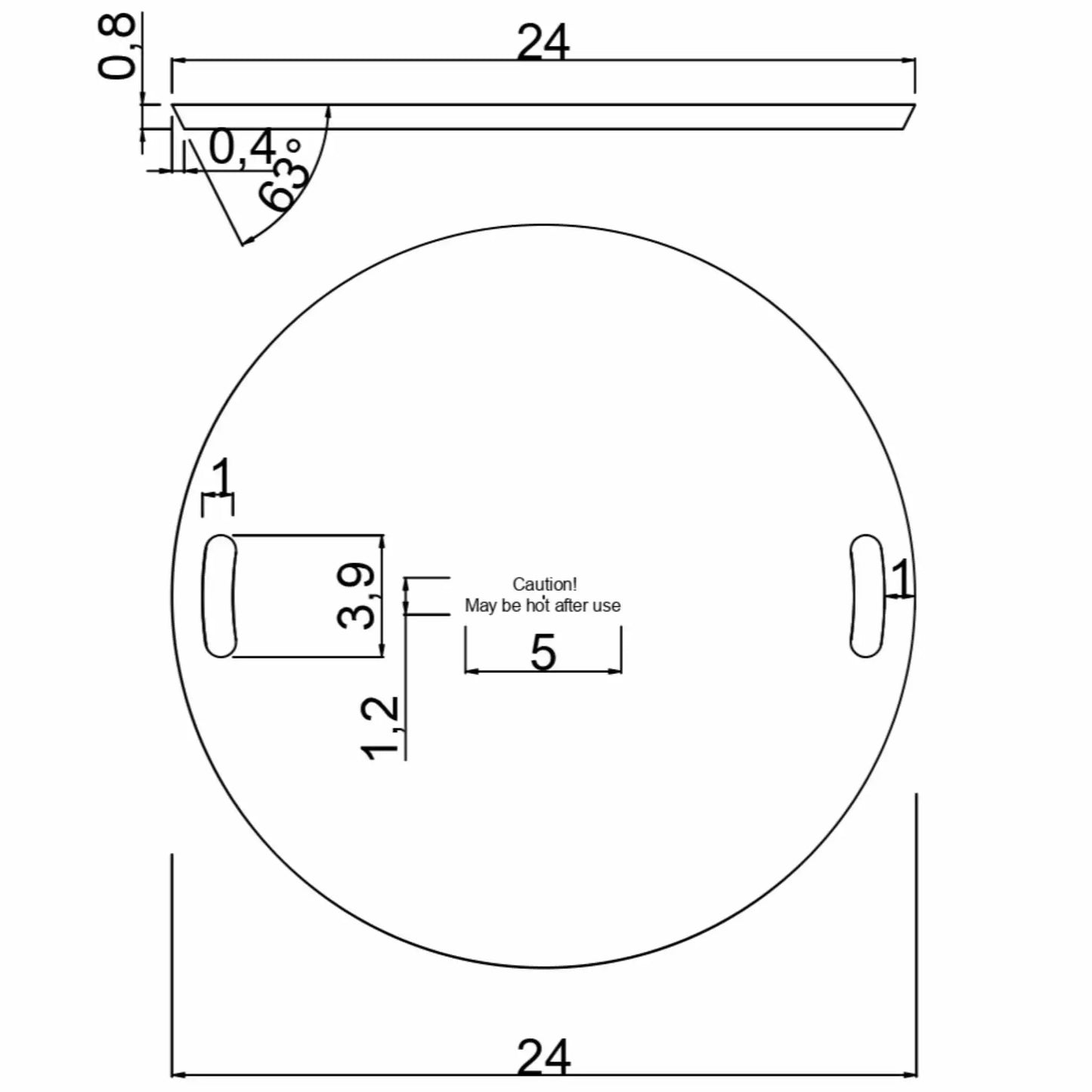 Specification sheet for the Round GFRC Concrete Fire Pit Stainless Steel Burner Cover by Flame Havens Refuge Series. The technical diagram displays the round burner cover dimensions, side profile measurements, handle slot sizing, thickness details, and engineering layout for the brushed stainless steel fire pit cover accessory used on round outdoor gas fire pits.
