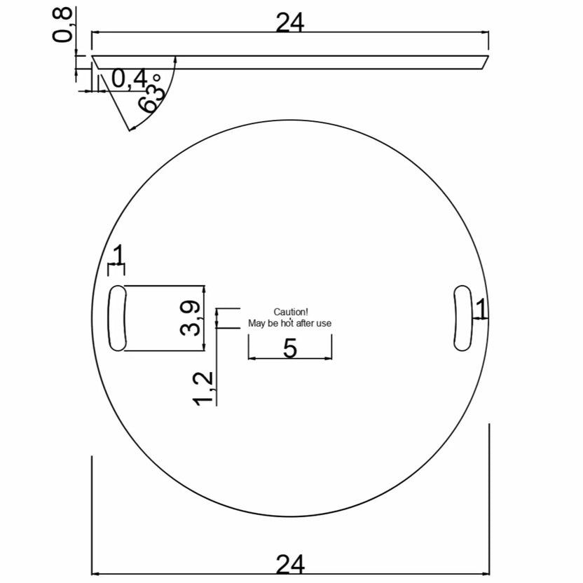 Specification sheet for the Round GFRC Concrete Fire Pit Stainless Steel Burner Cover by Flame Havens Refuge Series. The technical diagram displays the round burner cover dimensions, side profile measurements, handle slot sizing, thickness details, and engineering layout for the brushed stainless steel fire pit cover accessory used on round outdoor gas fire pits.
