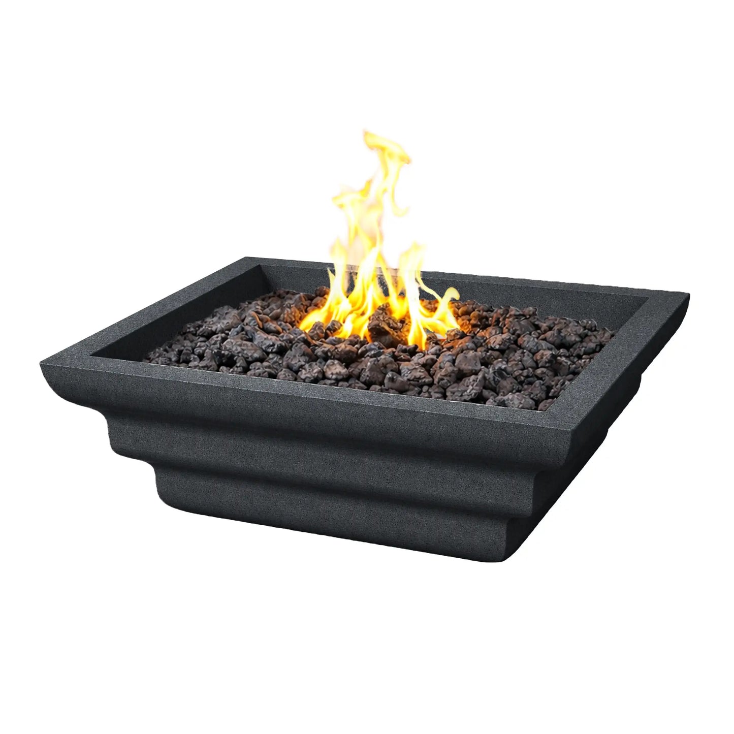 Angled studio image of a black Shadow Cast Ripple Designer Series fire bowl by Flame Havens. The square fire bowl features sculpted ripple-style sides and a recessed burner area filled with dark lava rock. Bright yellow flames rise from the center, highlighting the textured finish and modern architectural design of the outdoor gas fire feature.