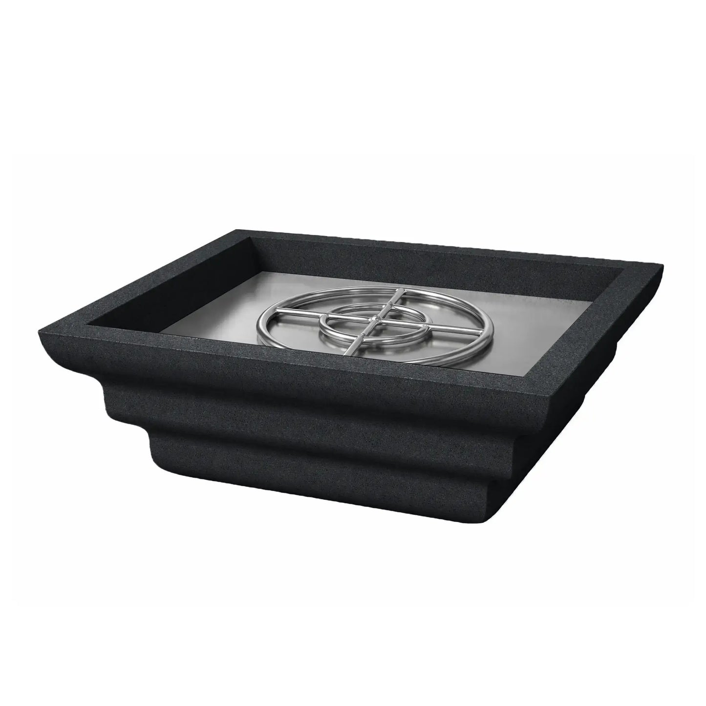 Angled product view of the black Shadow Cast Ripple Designer Series square fire bowl by Flame Havens. The bowl features a textured graphite finish with layered ripple-style sculpting along the sides. The recessed fire chamber reveals a stainless steel circular burner ring mounted on a metal pan, designed for outdoor gas fire pit installations.