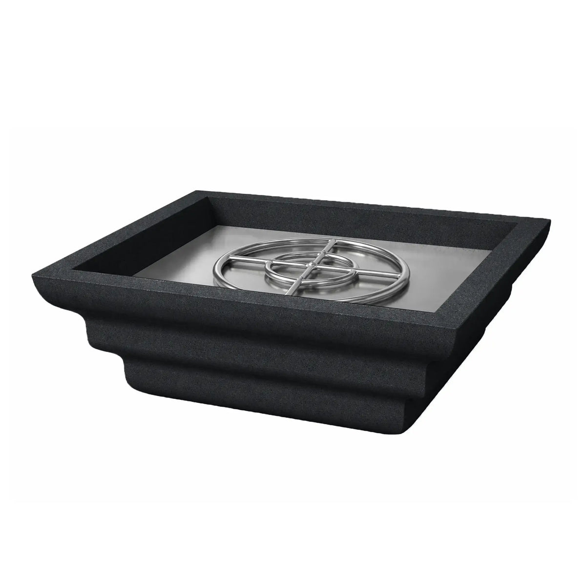 Angled product view of the black Shadow Cast Ripple Designer Series square fire bowl by Flame Havens. The bowl features a textured graphite finish with layered ripple-style sculpting along the sides. The recessed fire chamber reveals a stainless steel circular burner ring mounted on a metal pan, designed for outdoor gas fire pit installations.