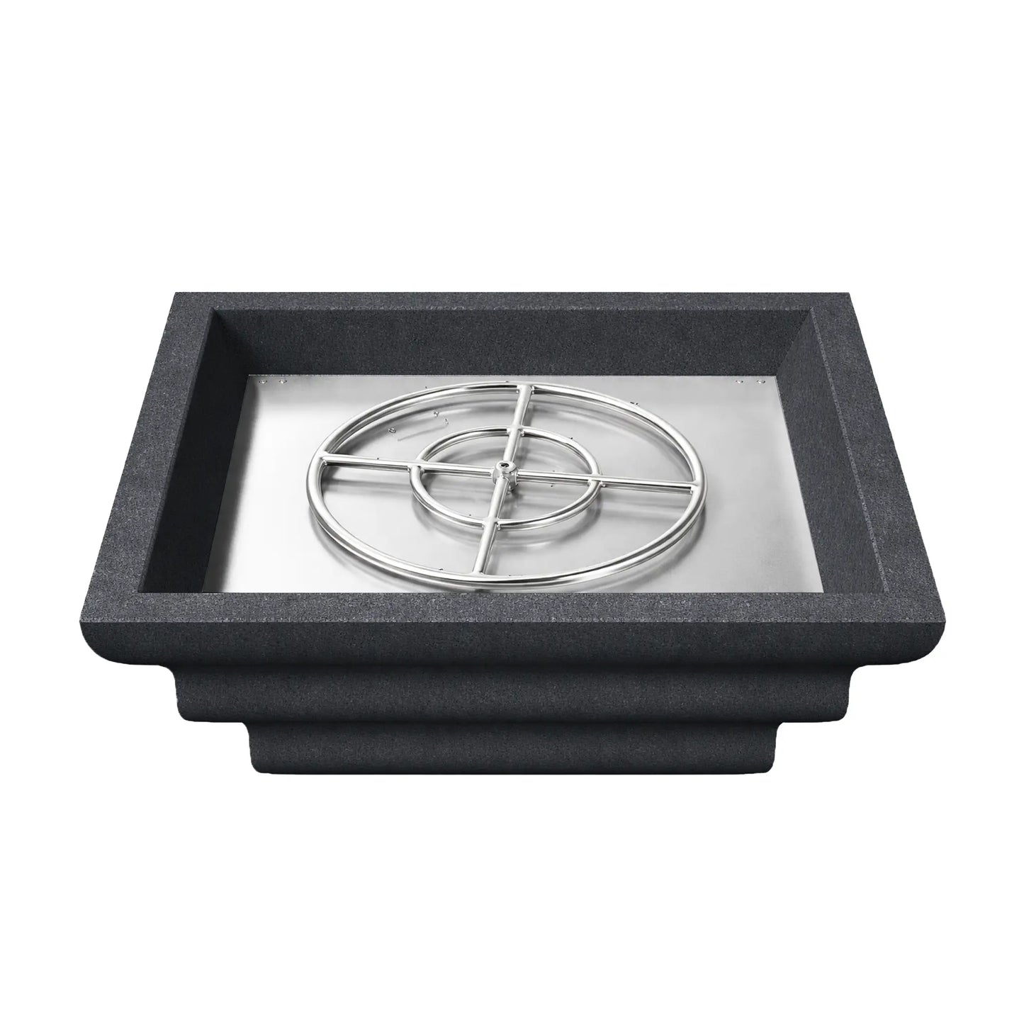 Top view of the black Shadow Cast Ripple Designer Series fire bowl filled with dark lava rock media but without flame. The square recessed burner area is packed with decorative fire rock that conceals the gas burner system beneath, highlighting the bowl’s clean square opening and textured concrete-style exterior.
