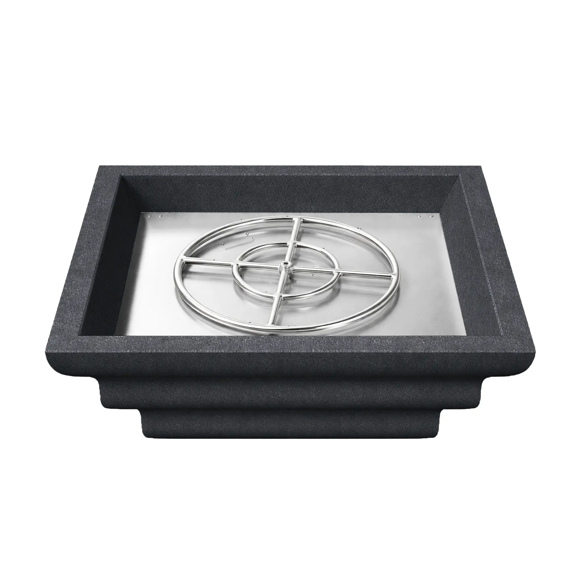 Top view of the black Shadow Cast Ripple Designer Series fire bowl filled with dark lava rock media but without flame. The square recessed burner area is packed with decorative fire rock that conceals the gas burner system beneath, highlighting the bowl’s clean square opening and textured concrete-style exterior.