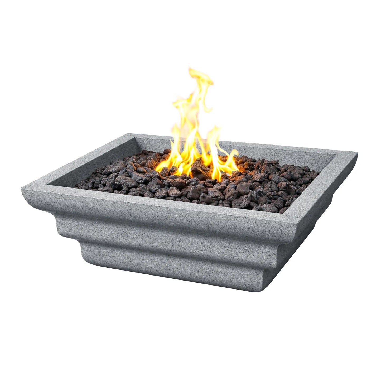 Angled product view of the gray Shadow Cast Ripple Designer Series square fire bowl with an active flame burning above black lava rock media. The textured light gray finish and ripple-style sculpted sides create a modern architectural appearance designed for outdoor fire features around patios, pools, and landscape installations.