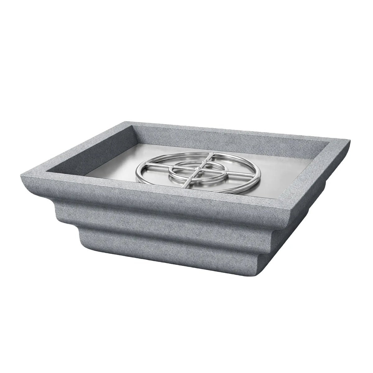 Angled view of the gray Shadow Cast Ripple Designer Series fire bowl without flame. The recessed burner pan and stainless steel circular burner ring are visible inside the square basin. The bowl features a durable textured concrete-style finish and distinctive ripple-shaped sculpting around the exterior.