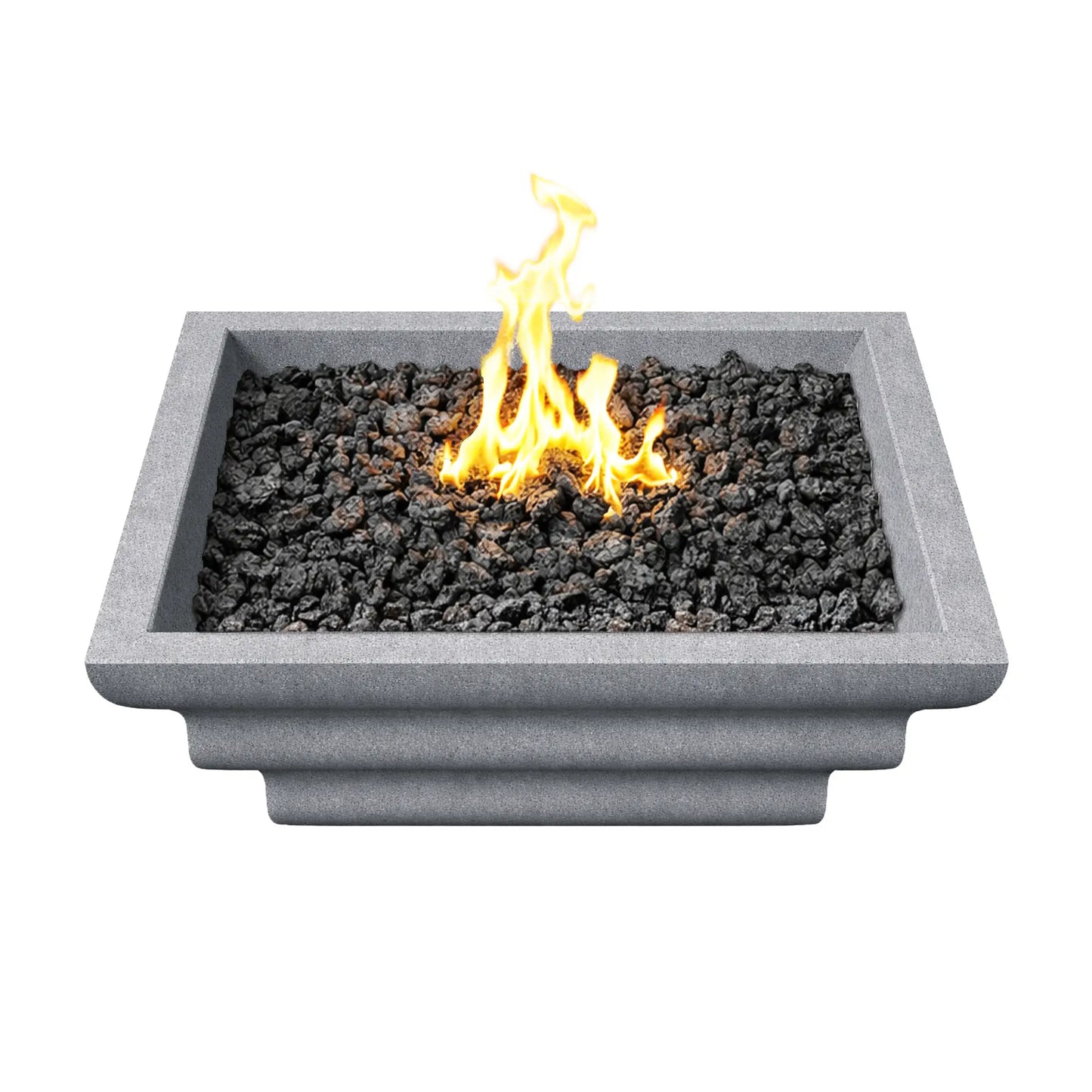 Top-down view of the gray Shadow Cast Ripple Designer Series square fire bowl burning with a bright yellow flame above black lava rock. The square rim frames the fire media evenly, creating a balanced modern fire feature design intended for outdoor patios, pool decks, and landscape fire accents.