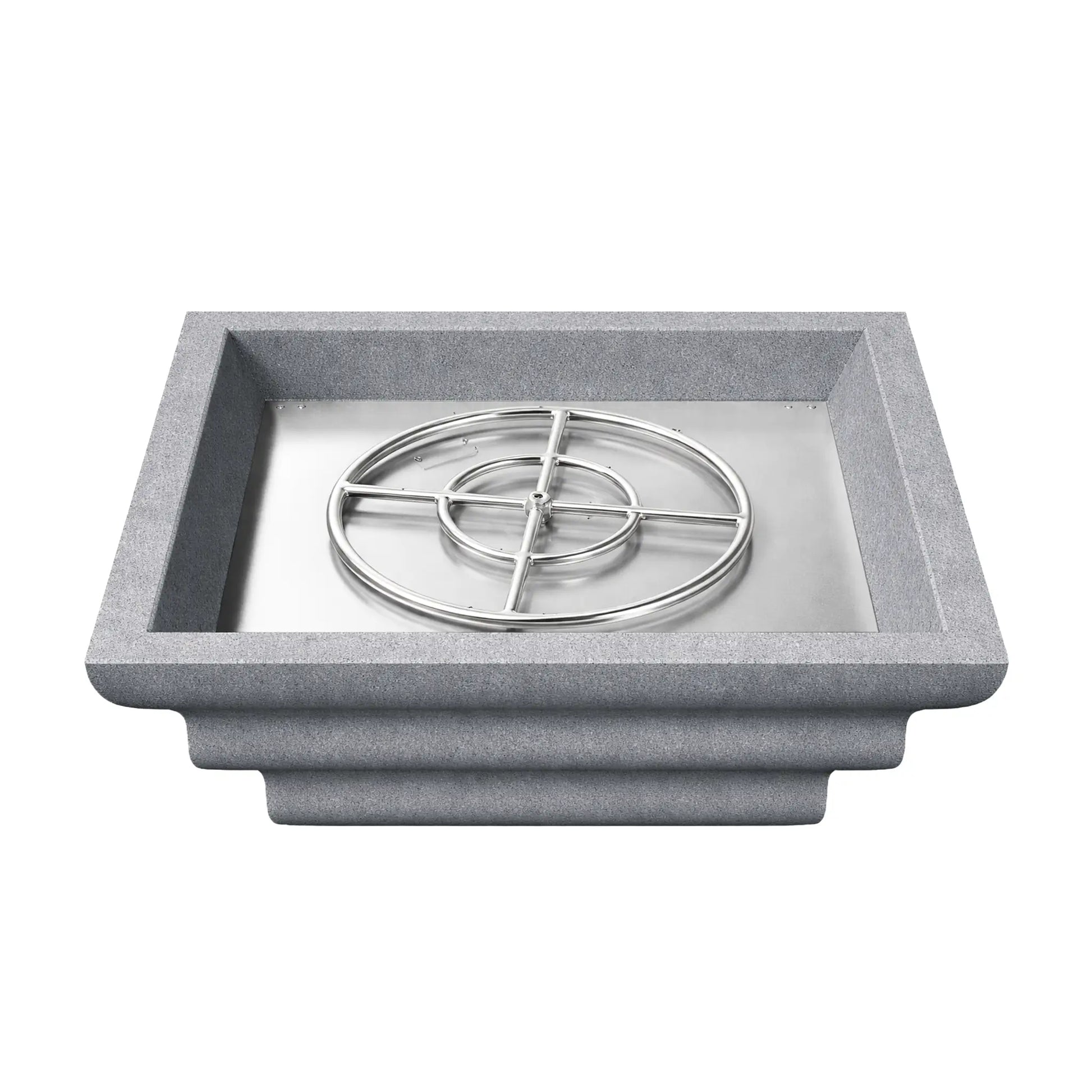 Overhead view of the gray Shadow Cast Ripple Designer Series fire bowl filled with black lava rock but without flame. The decorative fire rock covers the gas burner system beneath while the square fire bowl rim and textured gray finish highlight the clean modern design of this outdoor gas fire feature.