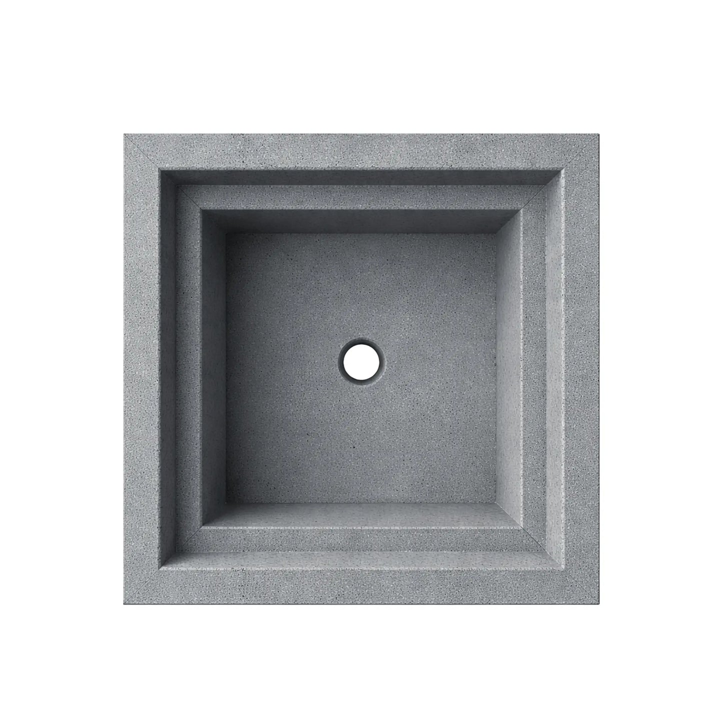 Top-down view of the gray Shadow Cast Ripple Designer Series square fire bowl with an empty interior basin. The recessed square chamber shows a centered circular gas inlet opening for burner installation. The bowl features a textured concrete-style gray finish and stepped inner ledge design, highlighting the clean geometric layout of this outdoor gas fire feature.