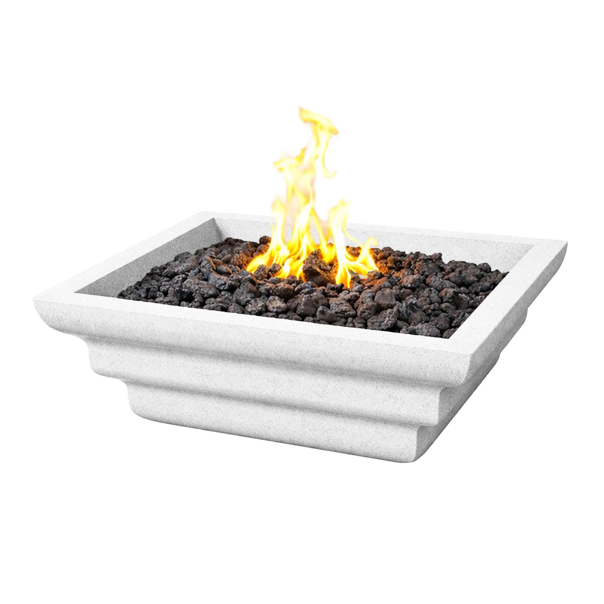 Angled product view of the white Shadow Cast Ripple Designer Series square fire bowl filled with black lava rock and an active gas flame rising from the center. The bowl features a textured white concrete-style finish with layered ripple sculpting along the sides, creating a modern outdoor fire feature designed for patios, pool areas, and landscape fire installations.