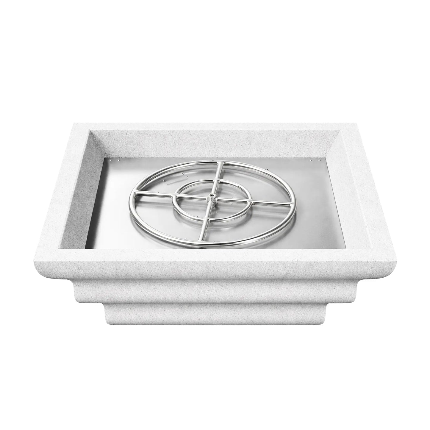 Overhead view of the white Shadow Cast Ripple Designer Series square fire bowl filled with black lava rock media but without flame. The decorative lava rock conceals the gas burner system beneath while the thick square rim and textured white finish showcase the bowl’s contemporary outdoor fire feature design.