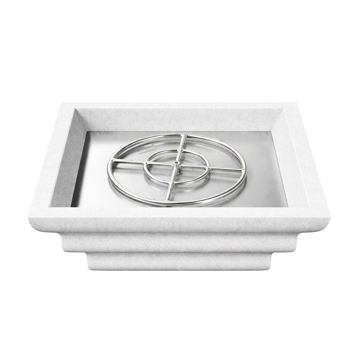 Overhead view of the white Shadow Cast Ripple Designer Series square fire bowl filled with black lava rock media but without flame. The decorative lava rock conceals the gas burner system beneath while the thick square rim and textured white finish showcase the bowl’s contemporary outdoor fire feature design.