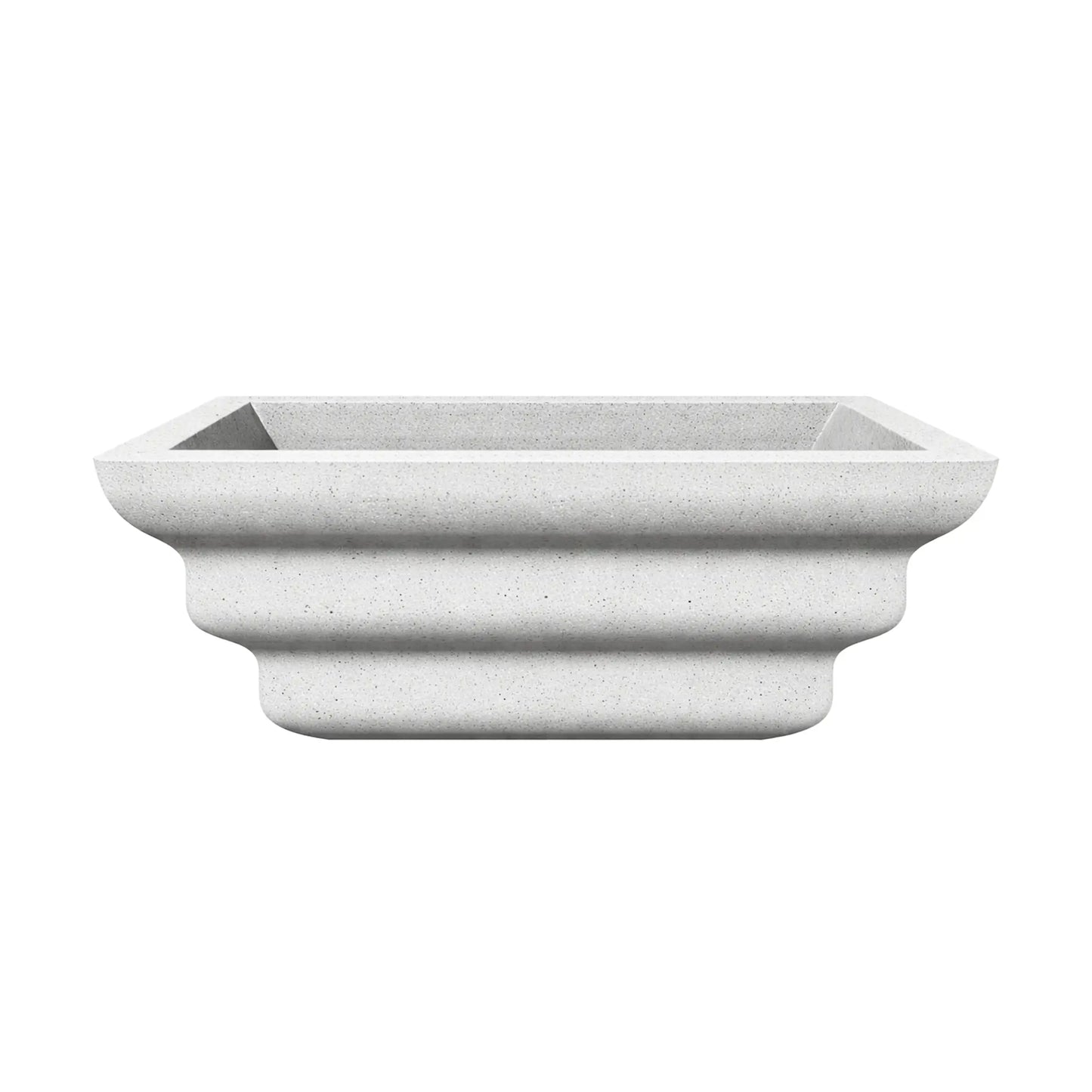 Side profile view of the white Shadow Cast Ripple Designer Series fire bowl with an empty basin. The exterior displays a layered ripple-style sculpted design that creates three rounded horizontal contours along the base. The textured white finish and square rim give the bowl a modern architectural appearance for outdoor fire features.