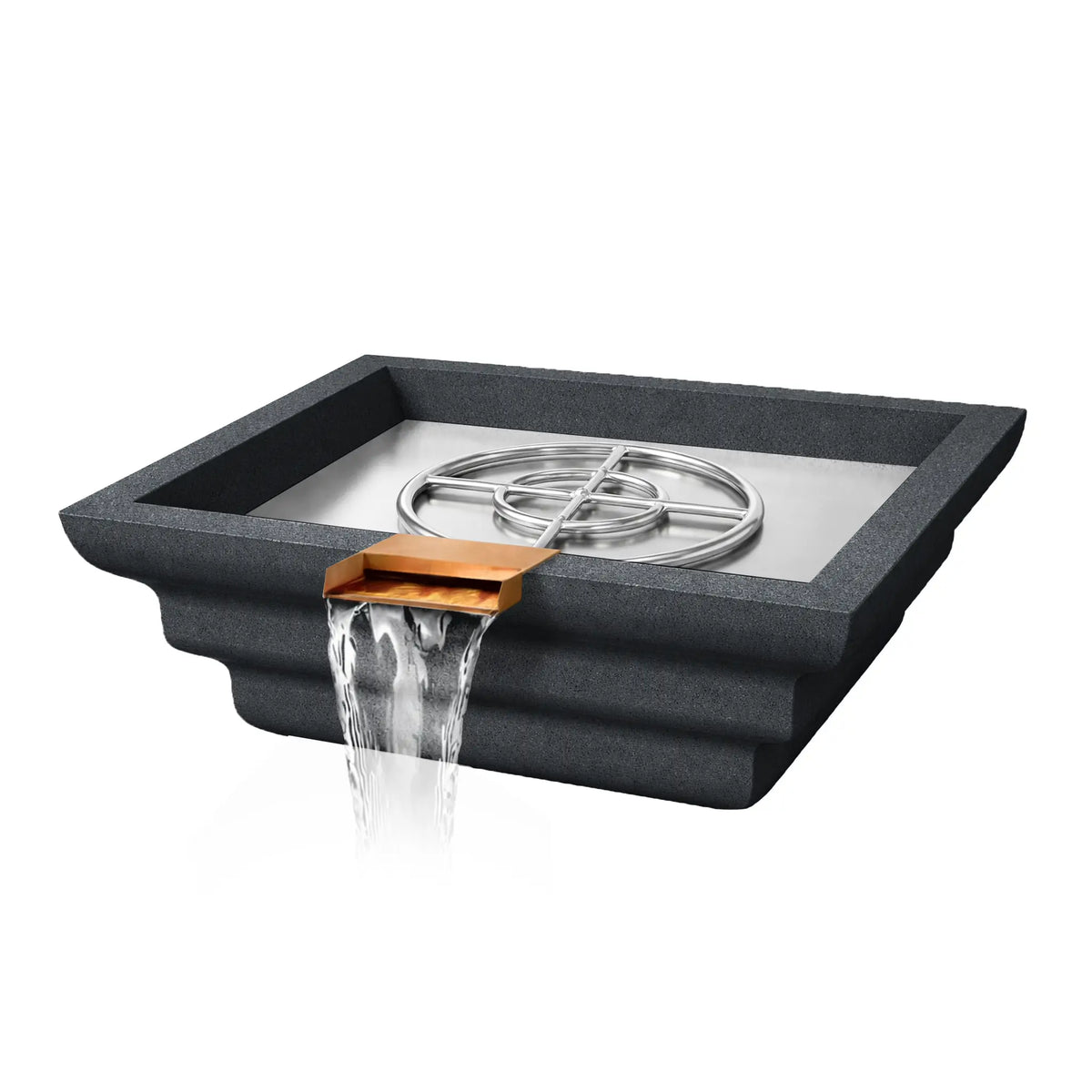 Angled view of the graphite Shadow Cast Ripple Designer Series fire and water bowl with the burner system visible but no flame active. The stainless steel burner ring sits inside a smooth metal burner pan while water flows from the copper spillway at the front. The textured GFRC concrete body features a distinctive stepped ripple pattern.