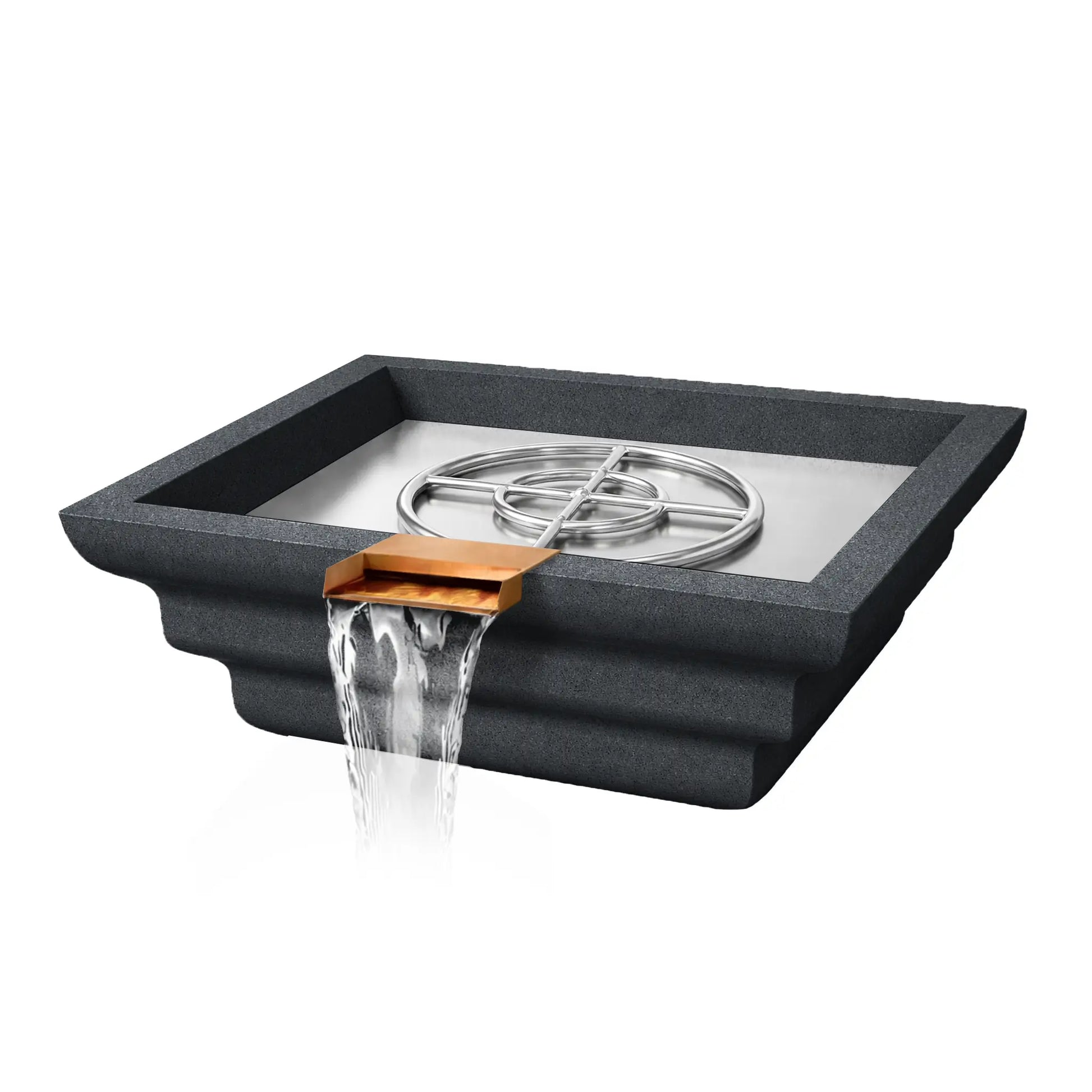 Angled view of the graphite Shadow Cast Ripple Designer Series fire and water bowl with the burner system visible but no flame active. The stainless steel burner ring sits inside a smooth metal burner pan while water flows from the copper spillway at the front. The textured GFRC concrete body features a distinctive stepped ripple pattern.