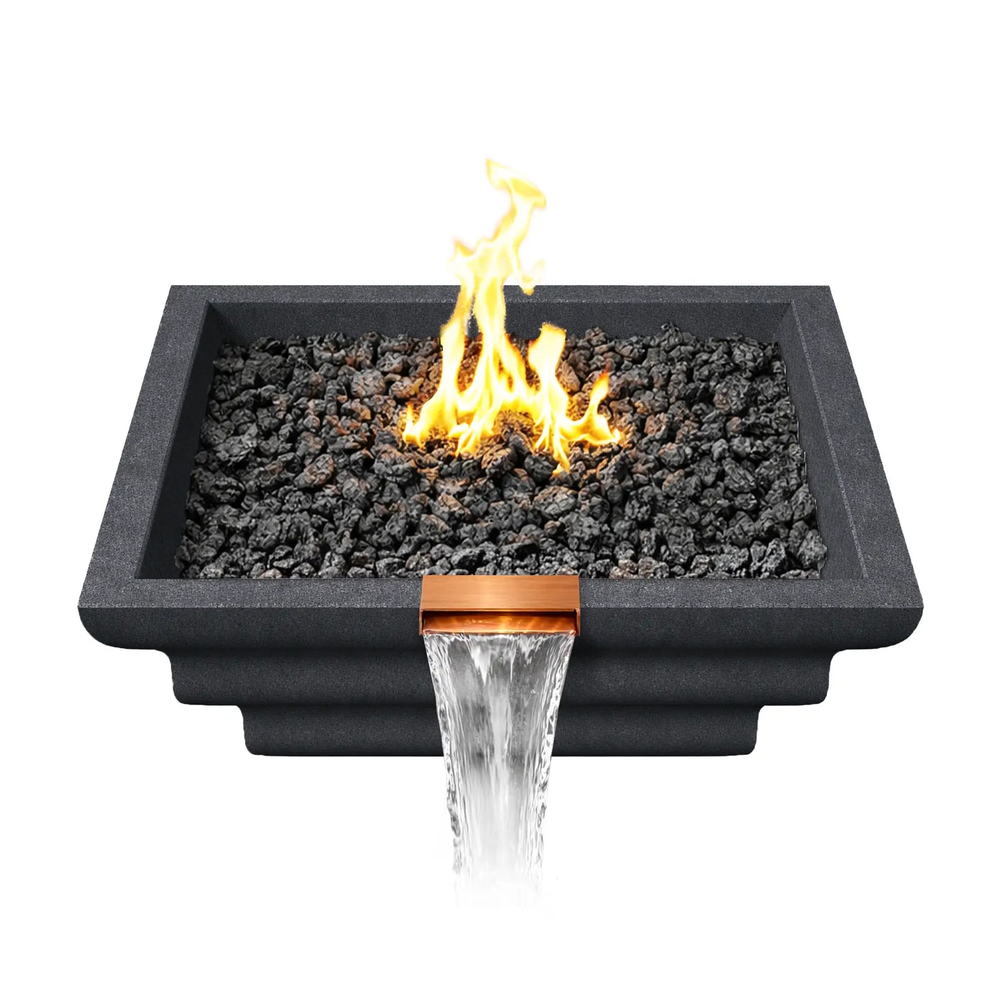 Top-down perspective of the graphite Ripple Designer Series fire and water bowl showing black lava rock fire media surrounding an active gas flame. The square concrete basin frames the fire feature while a copper waterfall spillway at the front pours a steady stream of water downward, highlighting the combination fire and water effect.