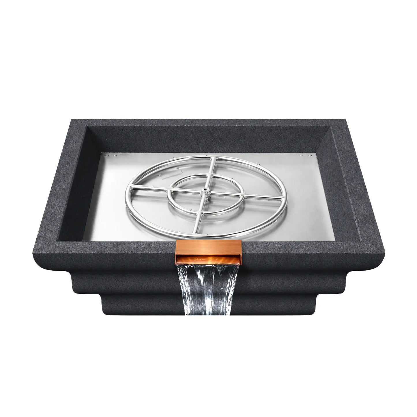 Top interior view of the graphite Shadow Cast Ripple fire and water bowl with the stainless steel burner ring assembly exposed inside a metal burner tray. Water cascades from the copper spillway at the front edge while the empty basin reveals the internal burner structure used for the gas flame system.