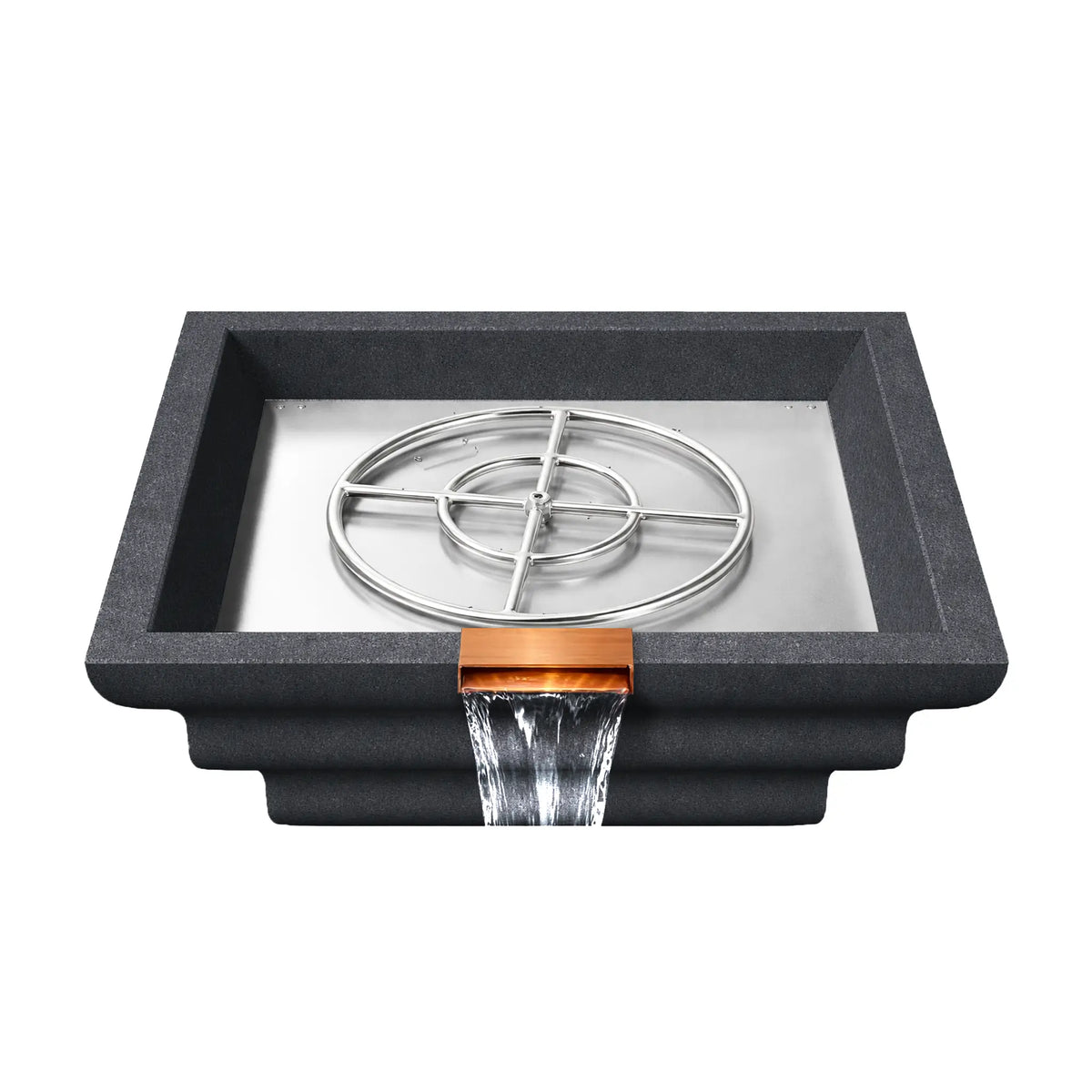 Top interior view of the graphite Shadow Cast Ripple fire and water bowl with the stainless steel burner ring assembly exposed inside a metal burner tray. Water cascades from the copper spillway at the front edge while the empty basin reveals the internal burner structure used for the gas flame system.