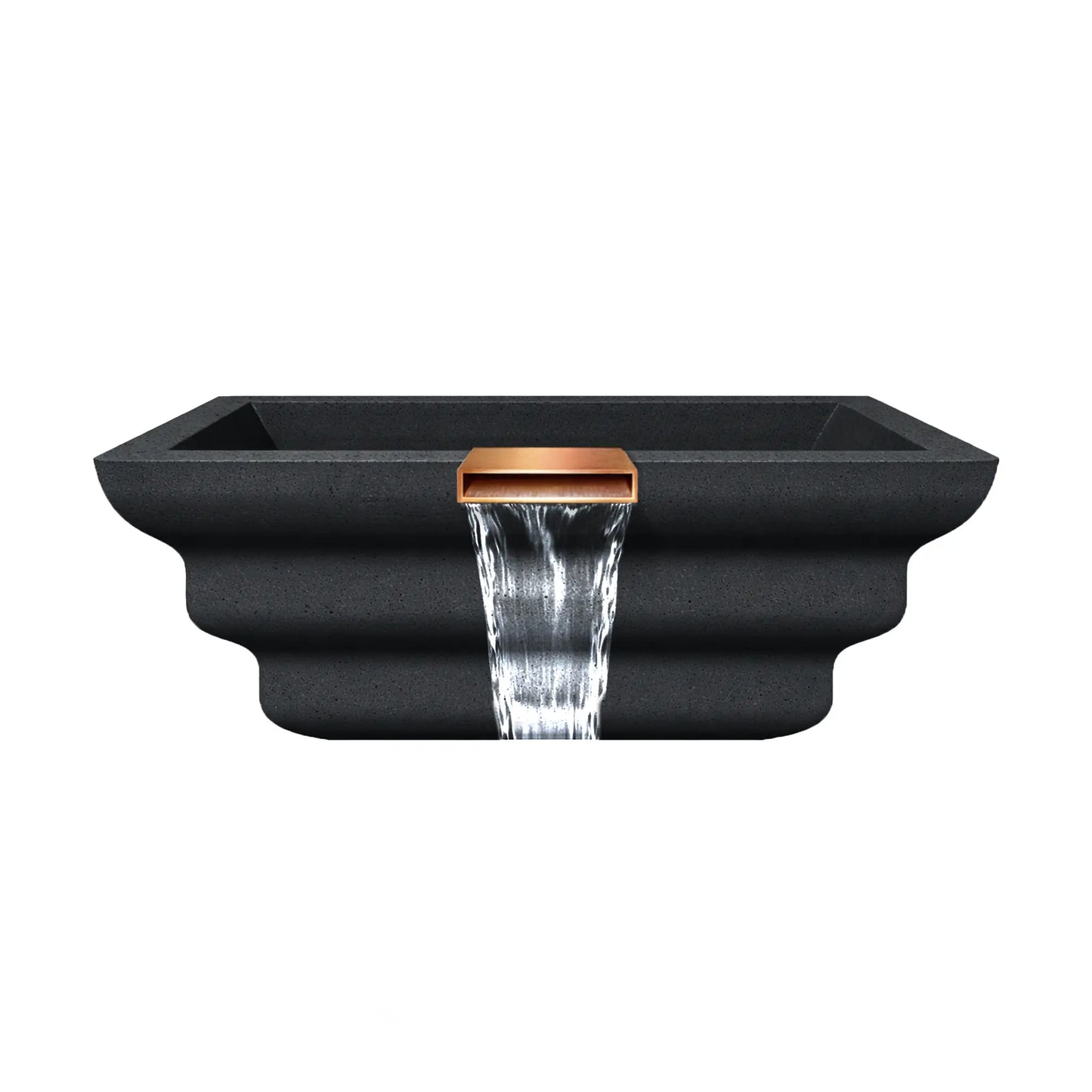 Side profile view of the graphite Shadow Cast Ripple fire and water bowl showing the sculpted stepped exterior design and integrated copper waterfall spillway. Water flows smoothly from the spillway while the basin remains empty, emphasizing the GFRC concrete construction and architectural ripple texture.