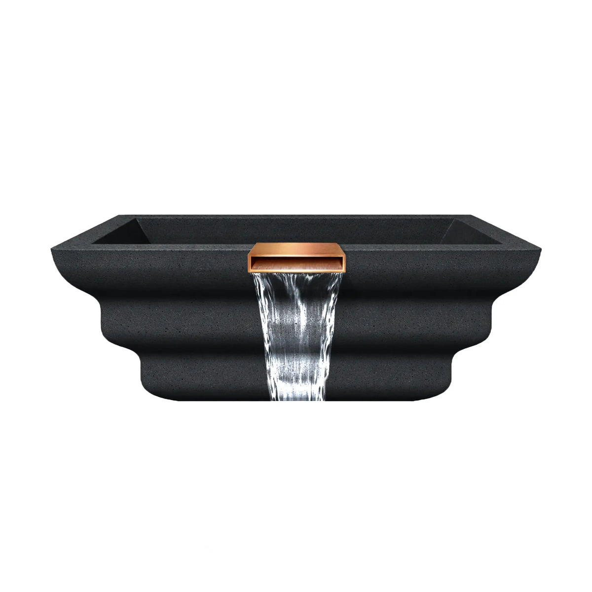 Side profile view of the graphite Shadow Cast Ripple fire and water bowl showing the sculpted stepped exterior design and integrated copper waterfall spillway. Water flows smoothly from the spillway while the basin remains empty, emphasizing the GFRC concrete construction and architectural ripple texture.