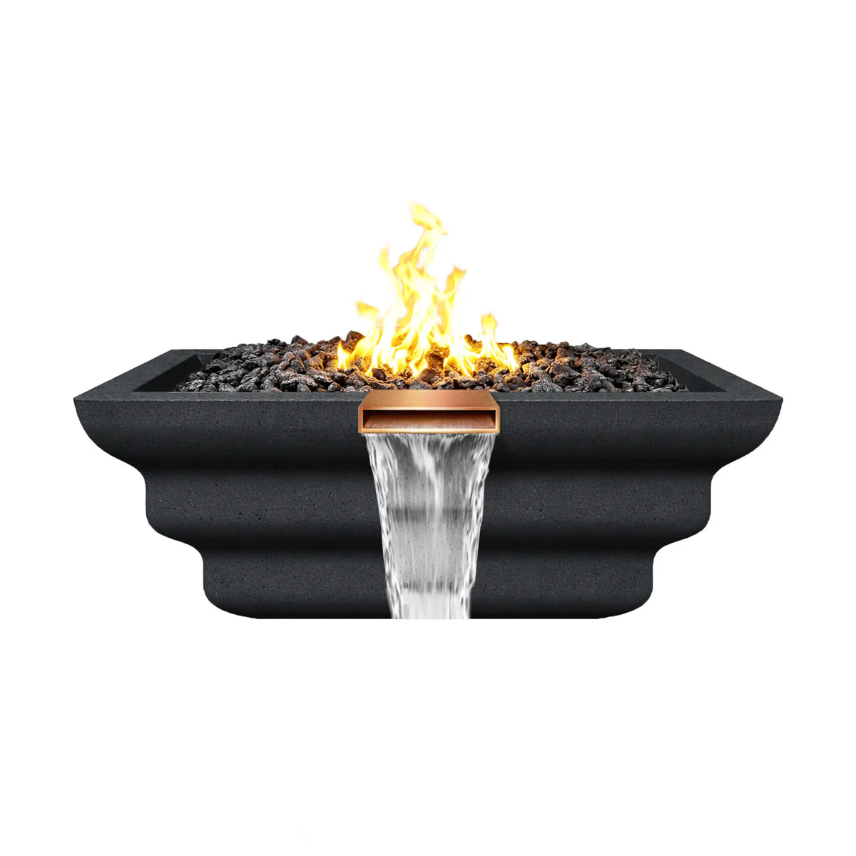 Side view of the graphite Ripple Designer Series fire and water bowl with a bright flame burning above black lava rock. The copper spillway releases a cascading waterfall while the ripple-patterned GFRC concrete exterior creates a dramatic sculpted profile designed for poolside or landscape fire features.