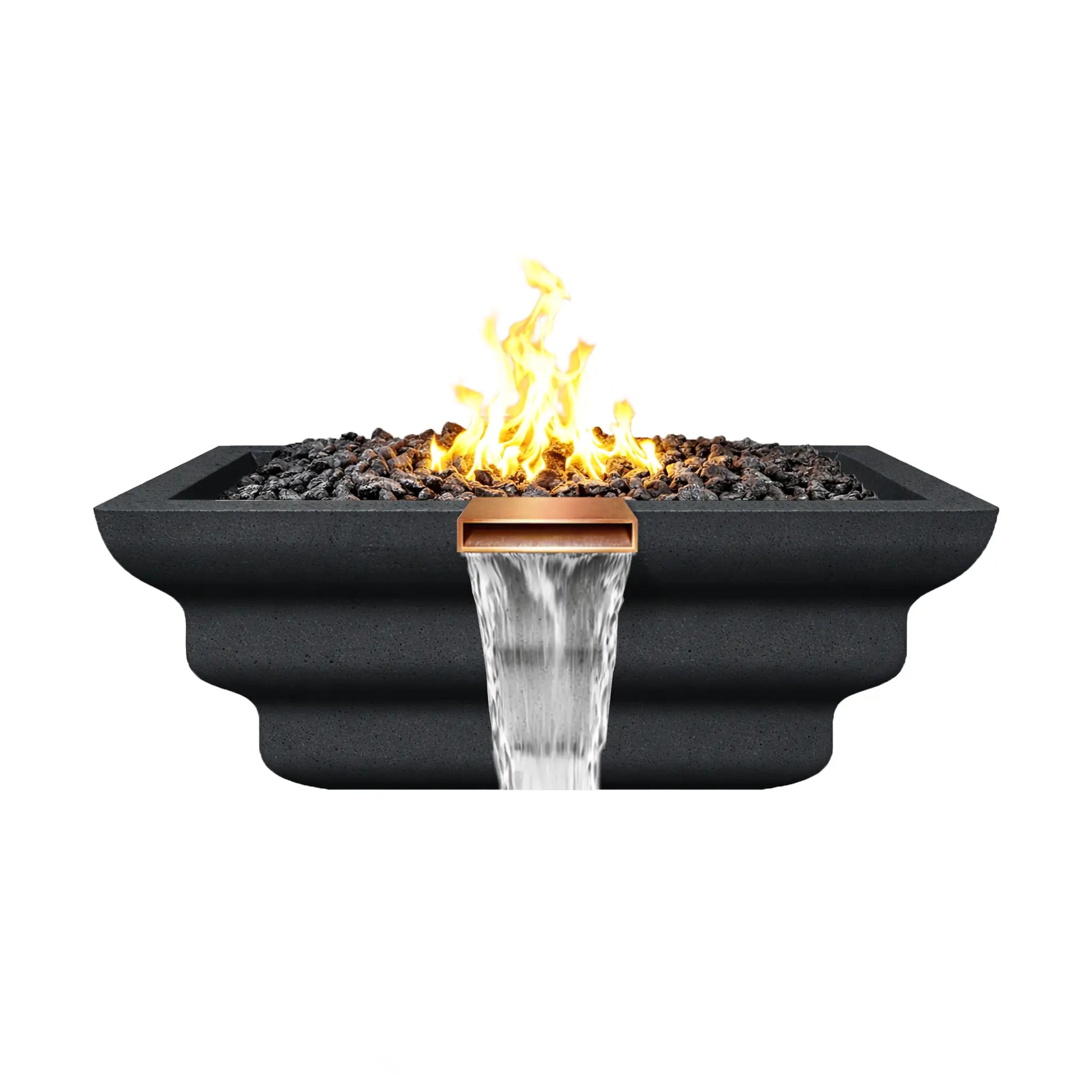 Side view of the graphite Ripple Designer Series fire and water bowl with a bright flame burning above black lava rock. The copper spillway releases a cascading waterfall while the ripple-patterned GFRC concrete exterior creates a dramatic sculpted profile designed for poolside or landscape fire features.