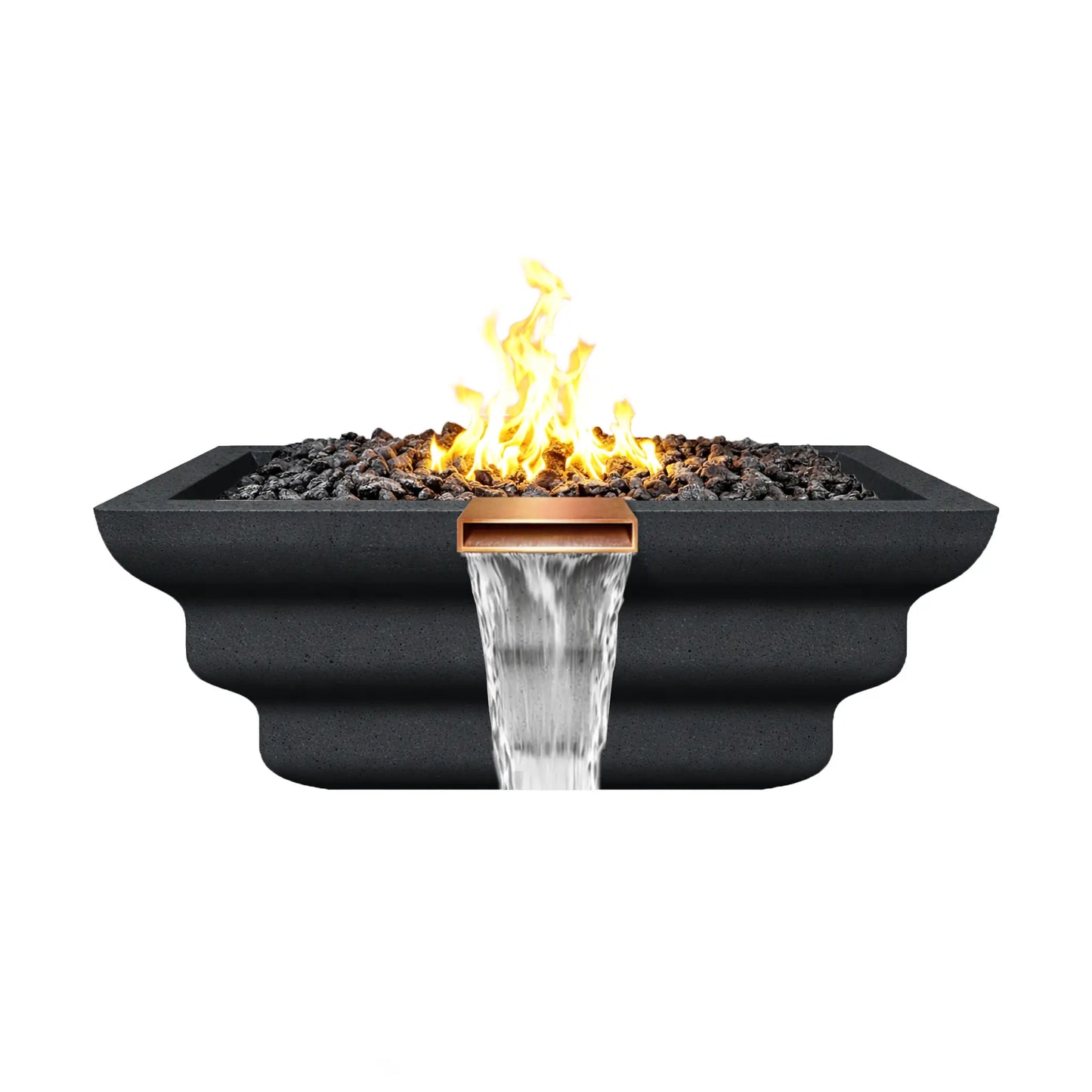 Side view of the graphite Ripple Designer Series fire and water bowl with a bright flame burning above black lava rock. The copper spillway releases a cascading waterfall while the ripple-patterned GFRC concrete exterior creates a dramatic sculpted profile designed for poolside or landscape fire features.