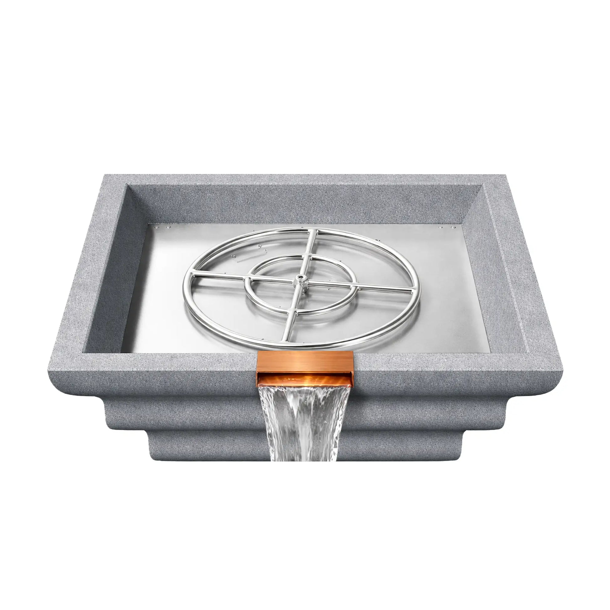 Overhead view of a gray Shadow Cast Ripple fire and water bowl with the stainless steel burner ring assembly exposed inside the metal burner tray. The basin is empty of fire media while water flows from the copper waterfall spillway, revealing the internal fire feature components used to create the gas flame.
