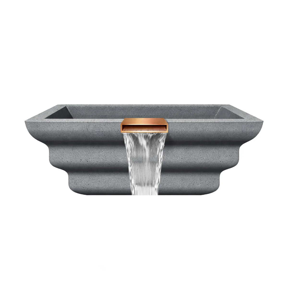 Side profile view of the gray Shadow Cast Ripple fire and water bowl showing the layered ripple-style GFRC concrete exterior. Water pours steadily from the copper waterfall spillway while the basin remains empty, emphasizing the sculpted bowl shape and decorative architectural profile designed for poolside installations.