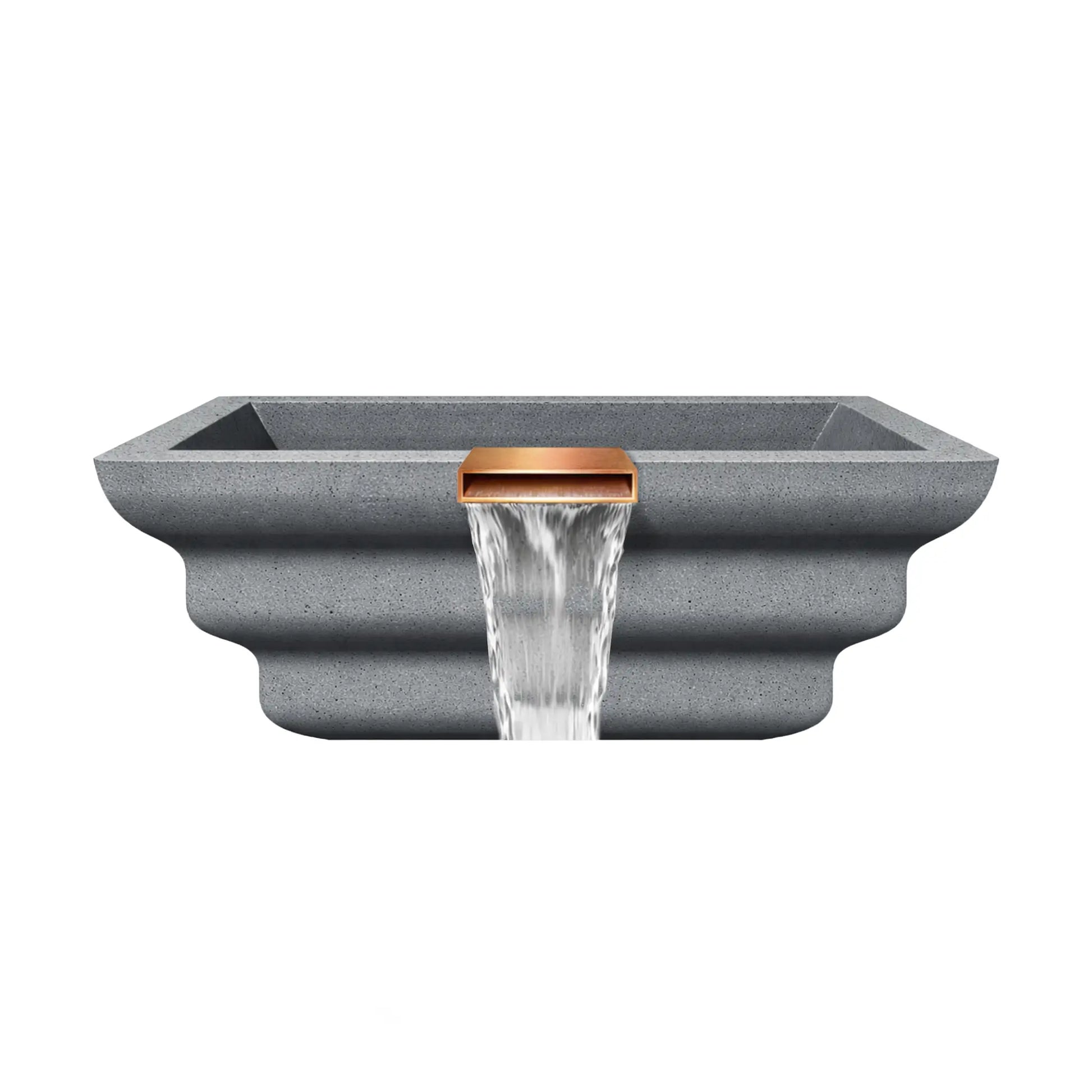 Side profile view of the gray Shadow Cast Ripple fire and water bowl showing the layered ripple-style GFRC concrete exterior. Water pours steadily from the copper waterfall spillway while the basin remains empty, emphasizing the sculpted bowl shape and decorative architectural profile designed for poolside installations.