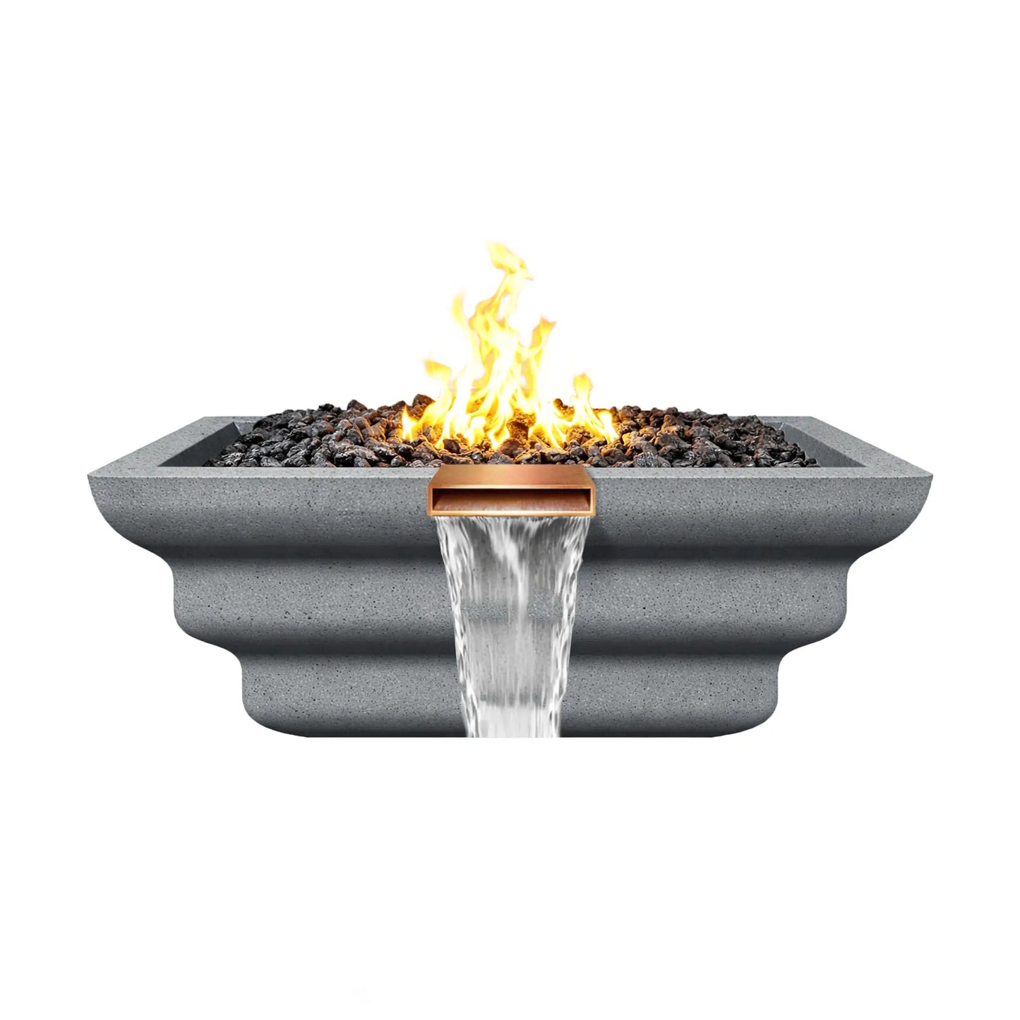 Side view of a gray Shadow Cast Ripple Designer Series fire and water bowl with a lively gas flame rising above black lava rock media. A copper spillway releases a smooth waterfall below the fire bowl while the stepped ripple exterior design adds texture to the GFRC concrete structure.