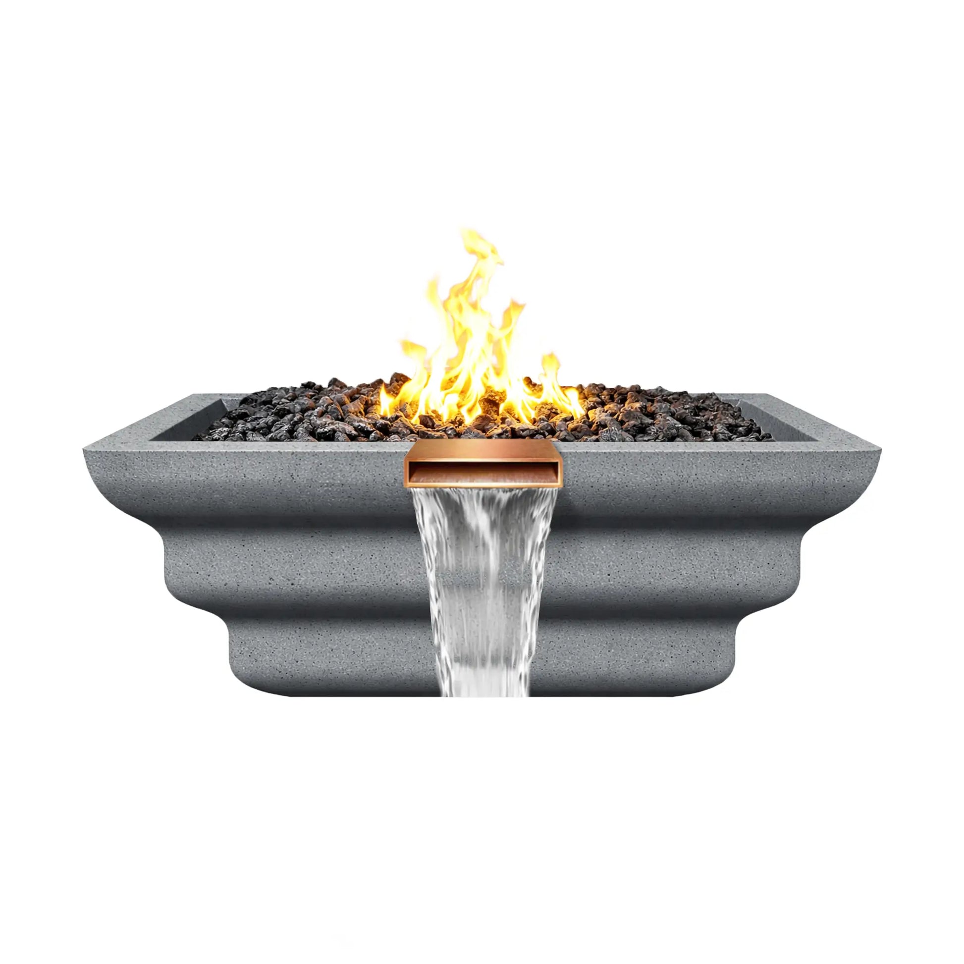 Side view of a gray Shadow Cast Ripple Designer Series fire and water bowl with a lively gas flame rising above black lava rock media. A copper spillway releases a smooth waterfall below the fire bowl while the stepped ripple exterior design adds texture to the GFRC concrete structure.